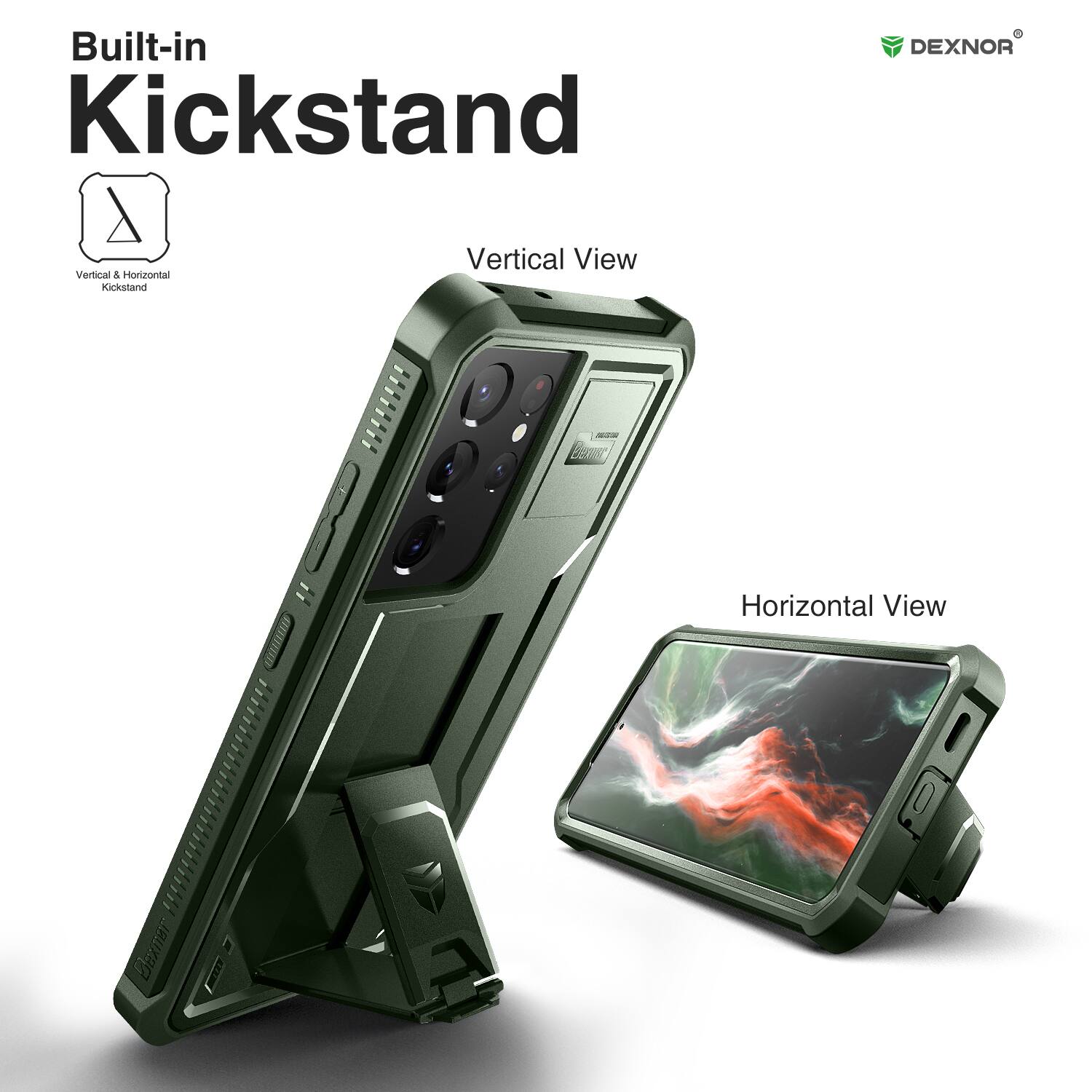 Built-in Kickstand, Vertical View, Horizontal View, DEXNOR