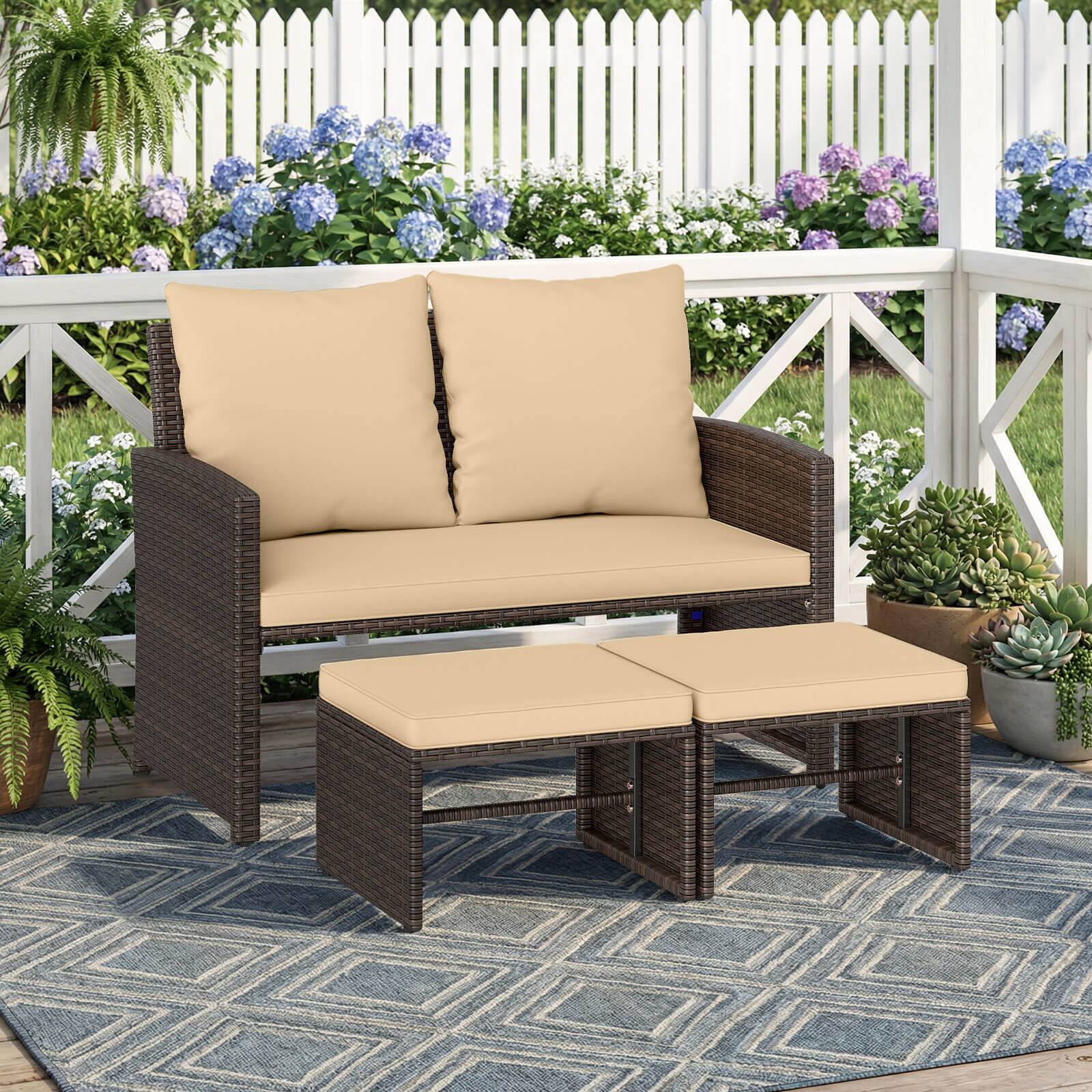 Alt View 4. Costway - Costway Outdoor Loveseat with Ottomans, 3 Pieces Patio PE Wicker Furniture Set with Cushions - Mix Brown, Beige.