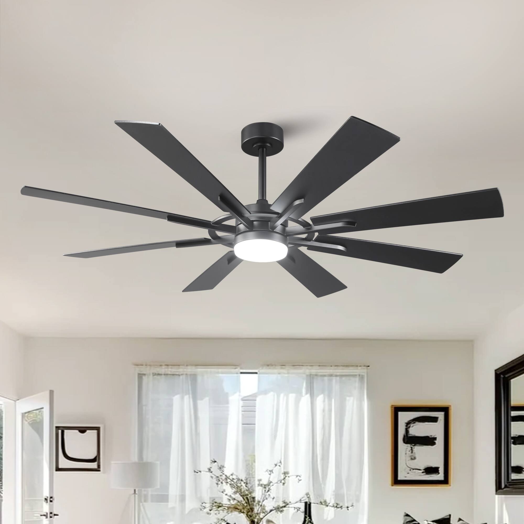 Front. Vaczon - 60" Matte Black Large Ceiling Fan with LED Light and Reversible Blades - Matte Black.