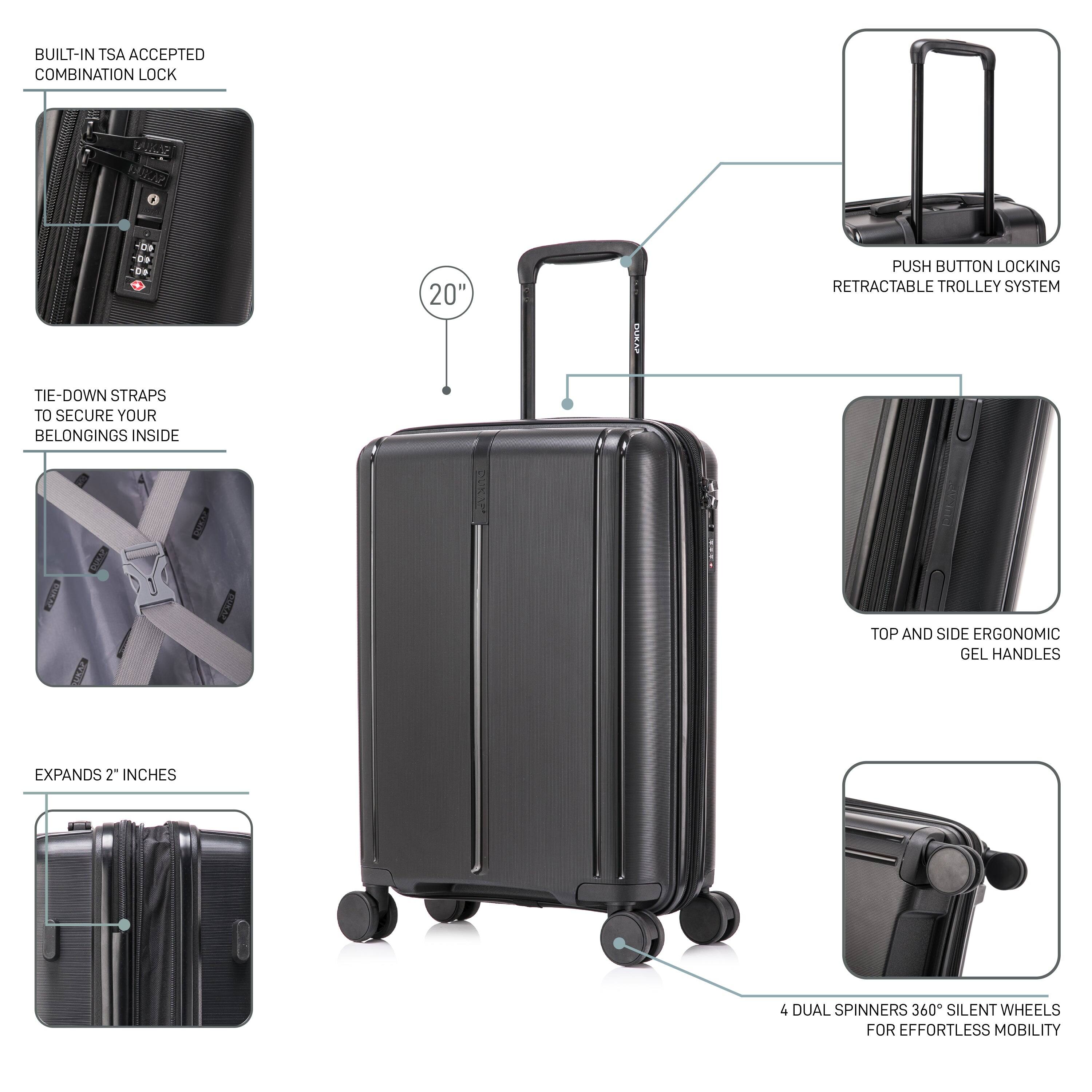 - Built-in TSA accepted combination lock
- 20" size
- Push button locking retractable trolley system
- Tie-down straps to secure your belongings inside
- Expands 2 inches
- Top and side ergonomic gel handles
- 4 dual spinners 360° silent wheels for effortless mobility