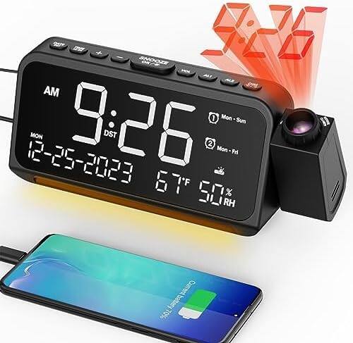 Stamp n Camp - Projection Alarm Clock for Bedroom Ceiling, Digital Projector with Weekday/Weekend Mode, Date, Temperature, Humidity - White Digit+ Red Projection