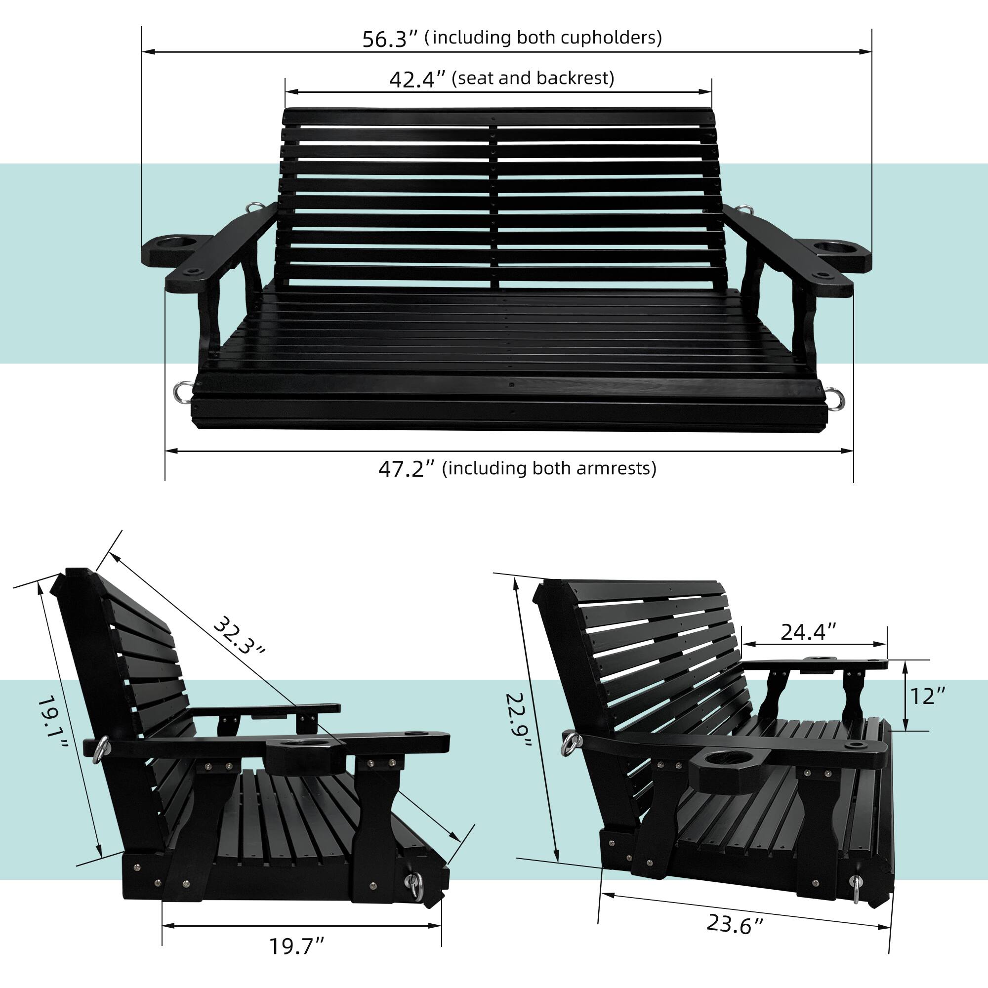 - 56.3" (including both cupholders)
- 42.4" (seat and backrest)
- 47.2" (including both armrests)
- 32.3"
- 24.4"
- 22.9"
- 19.1"
- 19.7"
- 23.6"
- 12"