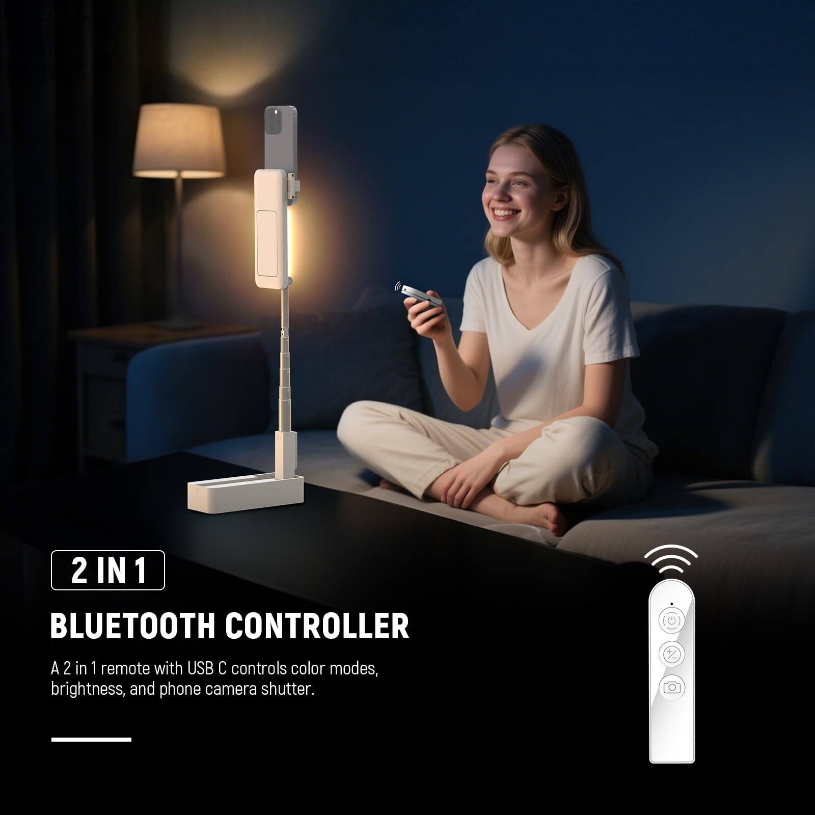2 IN 1 BLUETOOTH CONTROLLER

A 2 in 1 remote with USB C controls color modes, brightness, and phone camera shutter.
