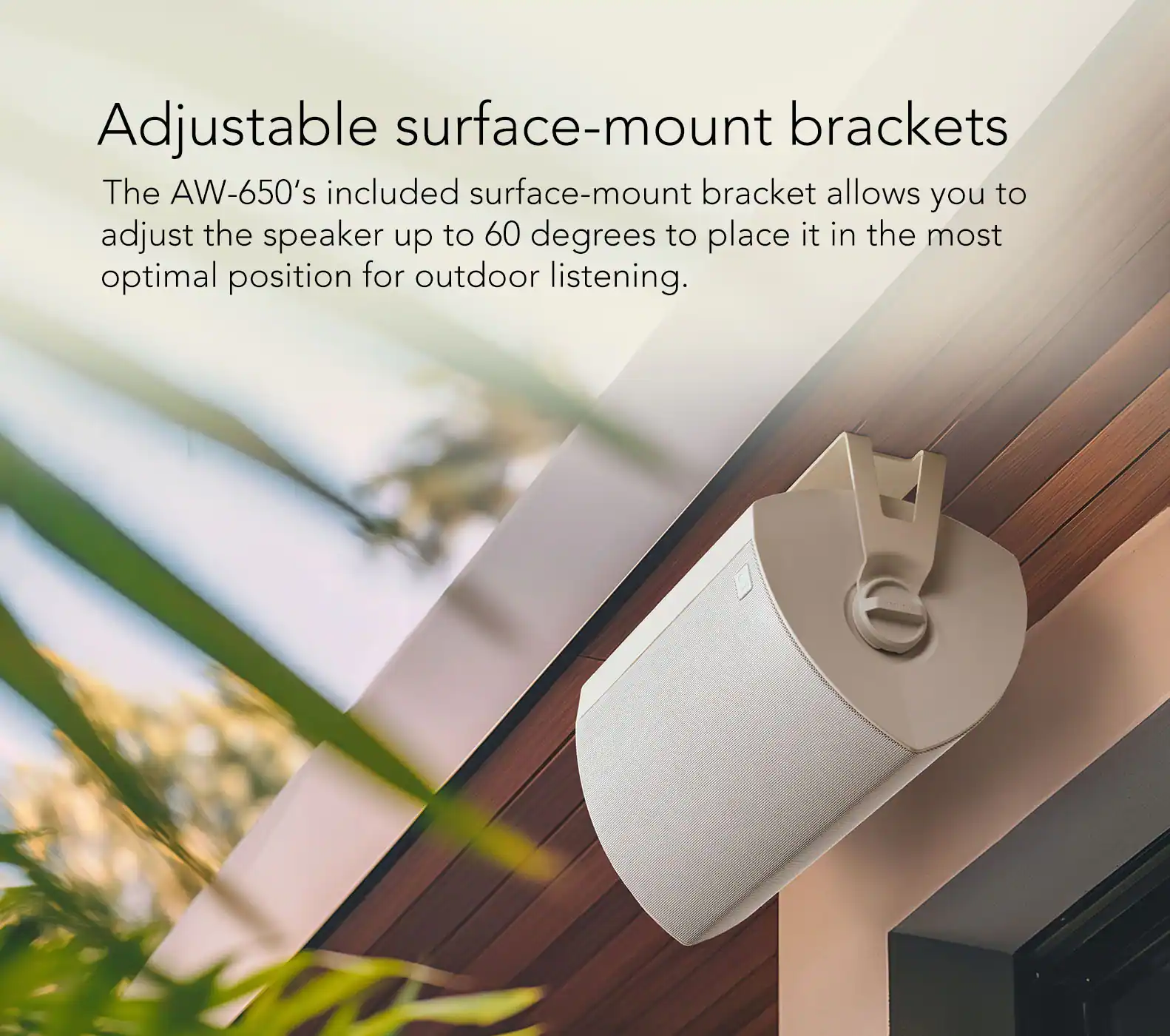 Adjustable surface-mount brackets: The AW-650's included surface-mount bracket allows you to adjust the speaker up to 60 degrees to place it in the most optimal position for outdoor listening.