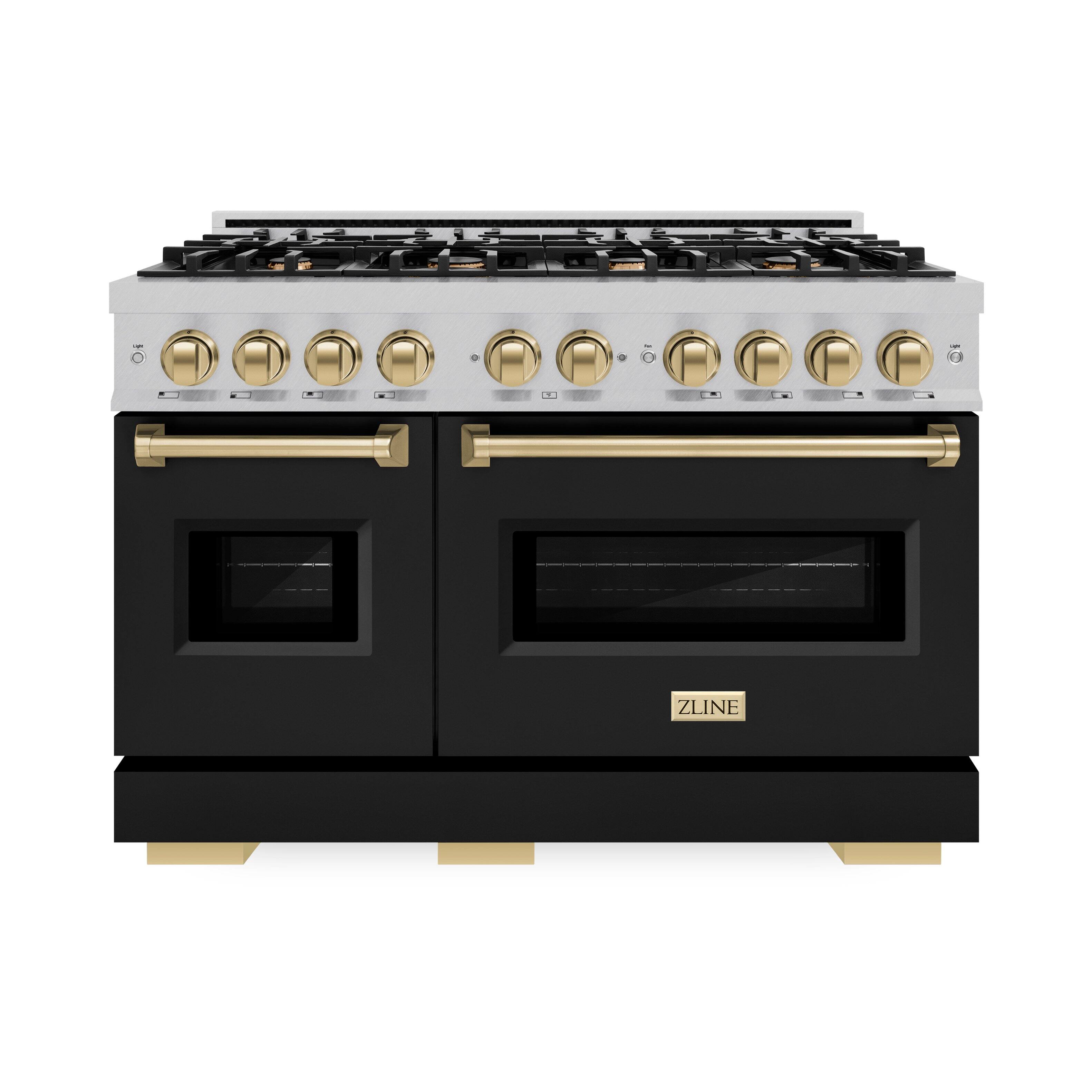 Angle. ZLINE - ZLINE Autograph 48 in. 6.7 cu. ft. Freestanding Classic Satin Steel Gas Range w/ Black Doors & Bronze Accents - Black Matte.
