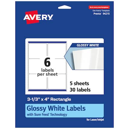 Go to avery.com/templates
AVERY
Use Avery Template Presta* 94215
GLOSSY WHITE
6 labels per sheet
5 sheets 30 labels
3-1/3" x 4" Rectangle
Glossy White Labels with Sure Feed Technology for Laser/Inkjet