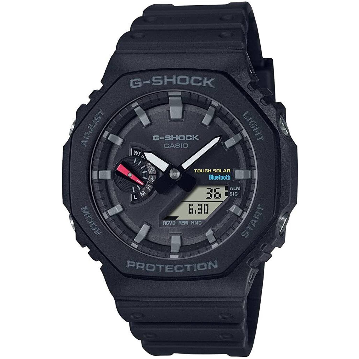 G-SHOCK ADJUST G-SHOCK CASIO LIGHT TOUGH SOLAR & Bluetooth ALM SIG 6:30 MODE RCVD REM HND START PROTECTION