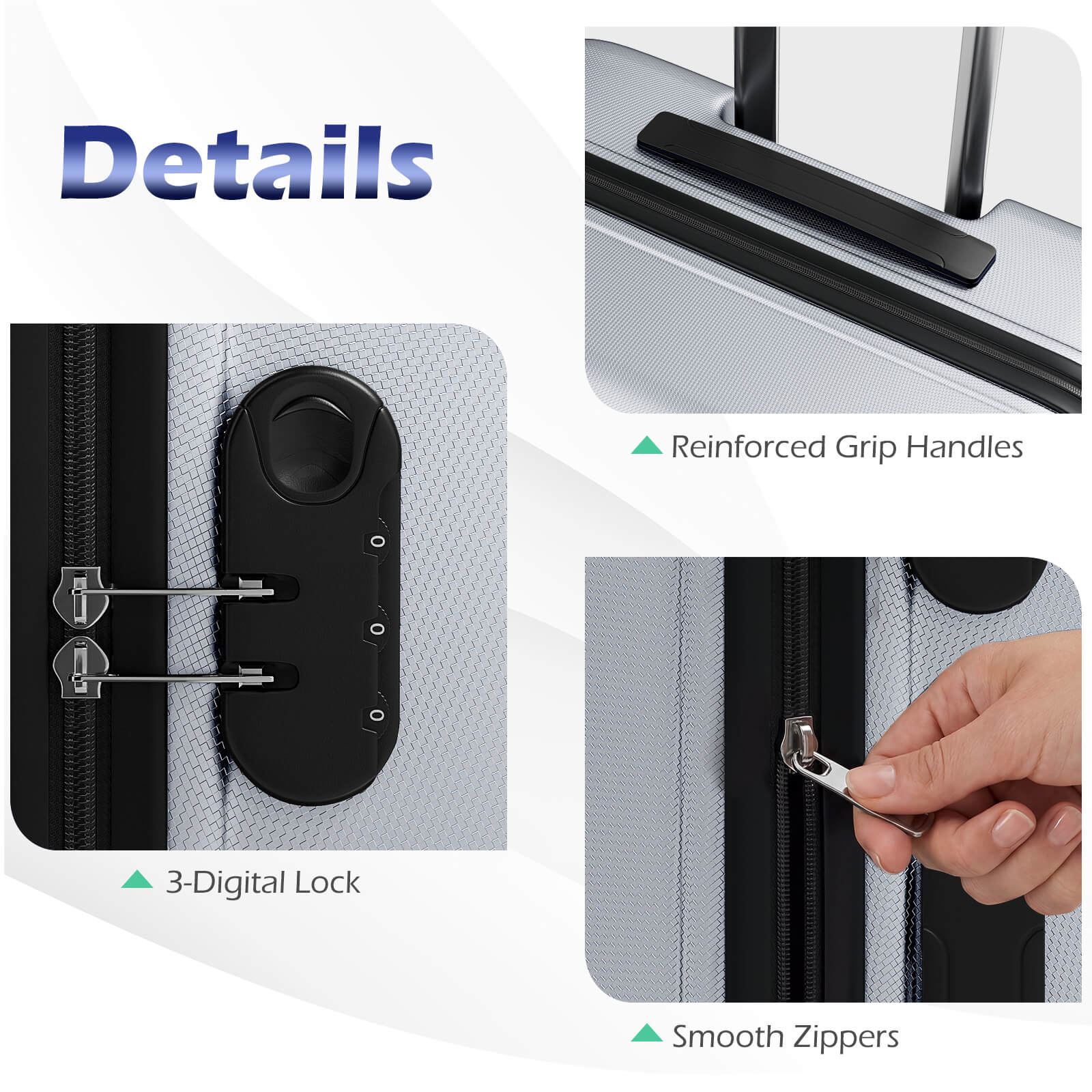 Details  
- Reinforced Grip Handles  
- 3-Digital Lock  
- Smooth Zippers