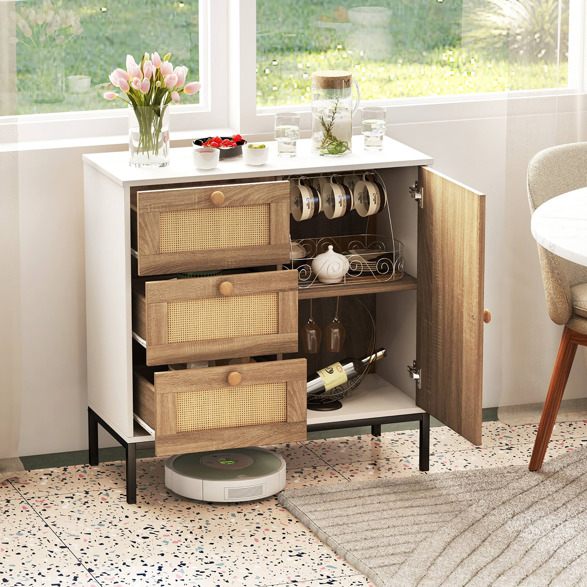 Alt View 4. Gymax - Gymax Set of 2 Rattan Sideboard Buffet Cabinet Accent Cabinet w/ 1 Door & 3 Drawers - White, Natural, Black.