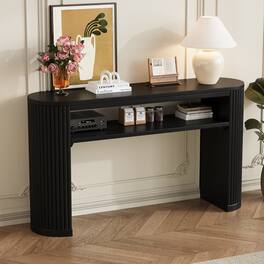 Whisen - Rustic Console Table with Fluted Legs, Vintage Oval Entryway Sofa Table with Open Shelf - Black