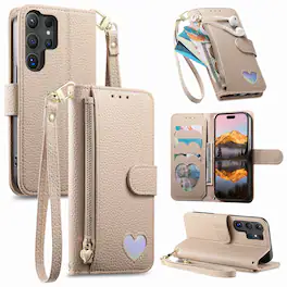 Dteck - PU Leather Wallet Case for Samsung Galaxy S25 Ultra with Wrist Strap Zipper Pocket, Protective Folio Kickstand Cover - Khaki