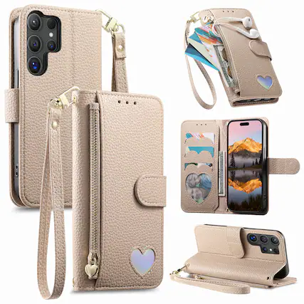 Front. Dteck - PU Leather Wallet Case for Samsung Galaxy S25 Ultra with Wrist Strap Zipper Pocket, Protective Folio Kickstand Cover - Khaki.