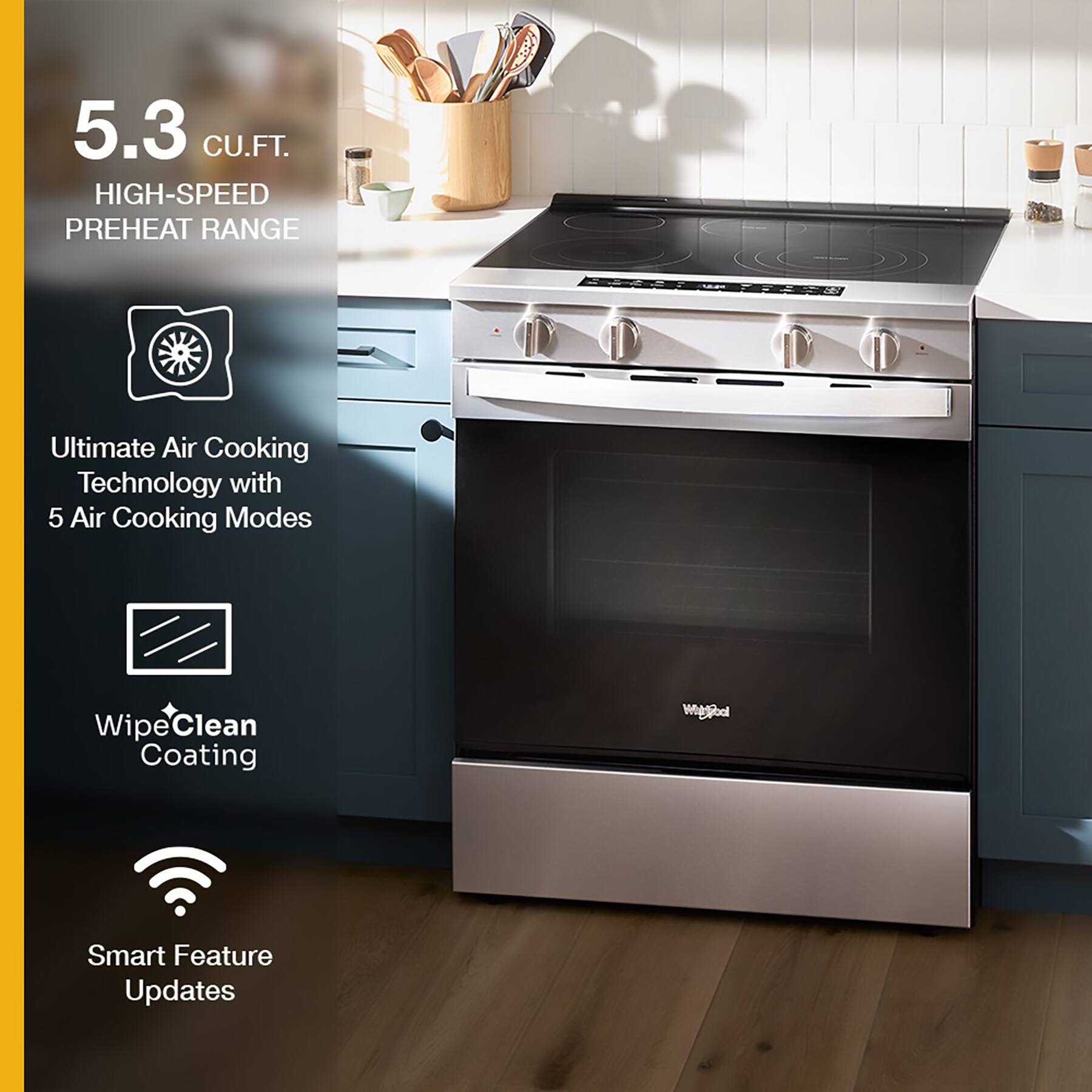 The text on the image reads: "5.3 CU.FT. HIGH-SPEED PREHEAT RANGE Ultimate Air Cooking Technology with 5 Air Cooking Modes WipeClean Coating etibal Smart Feature Updates."