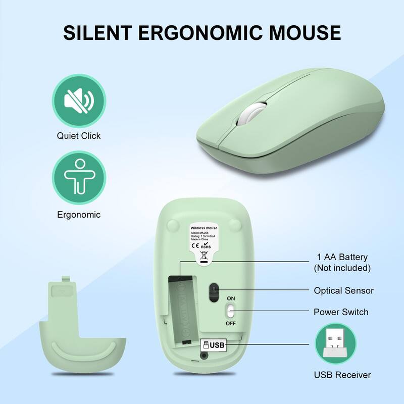 SILENT ERGONOMIC MOUSE Quiet Click Ergonomic wireless - ntingot Man dymana - a -o V CE ROHS 1 AA Battery (Not included) ON Optical Sensor OFF Power Switch USB USB Receiver