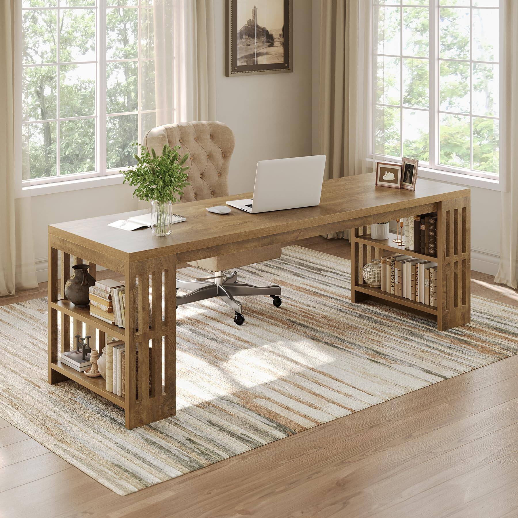Back. Tribesigns - 78.7-Inch Two-Person Computer Desk with Storage Shelves for Home Office Work, Study or Computer Tasks - Natural.