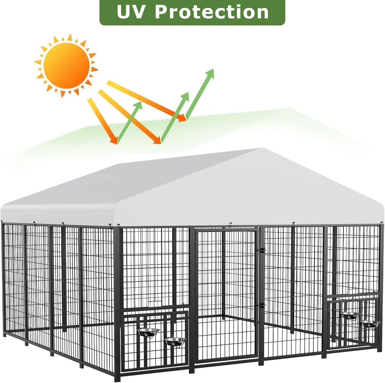 Left. LOVMOR - LOVMOR XXL Commercial Dog Kennel: 10x10x6.5-ft Black Steel Outdoor Pen for Extra Large Dogs, Lockable Gate & Roof Cover.