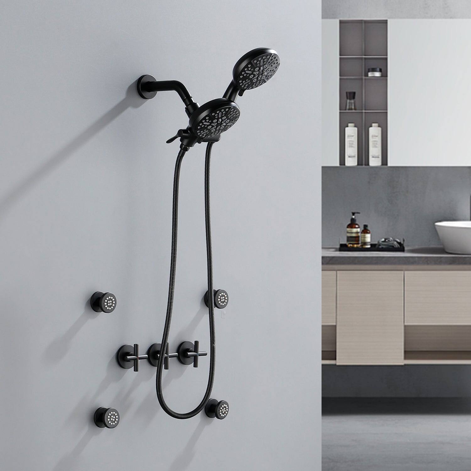 Alt View 4. Boyel Living - Matte Black Shower Set with Seven Function Overhead Shower Hand Shower and Four Body Sprays - Matte Black.