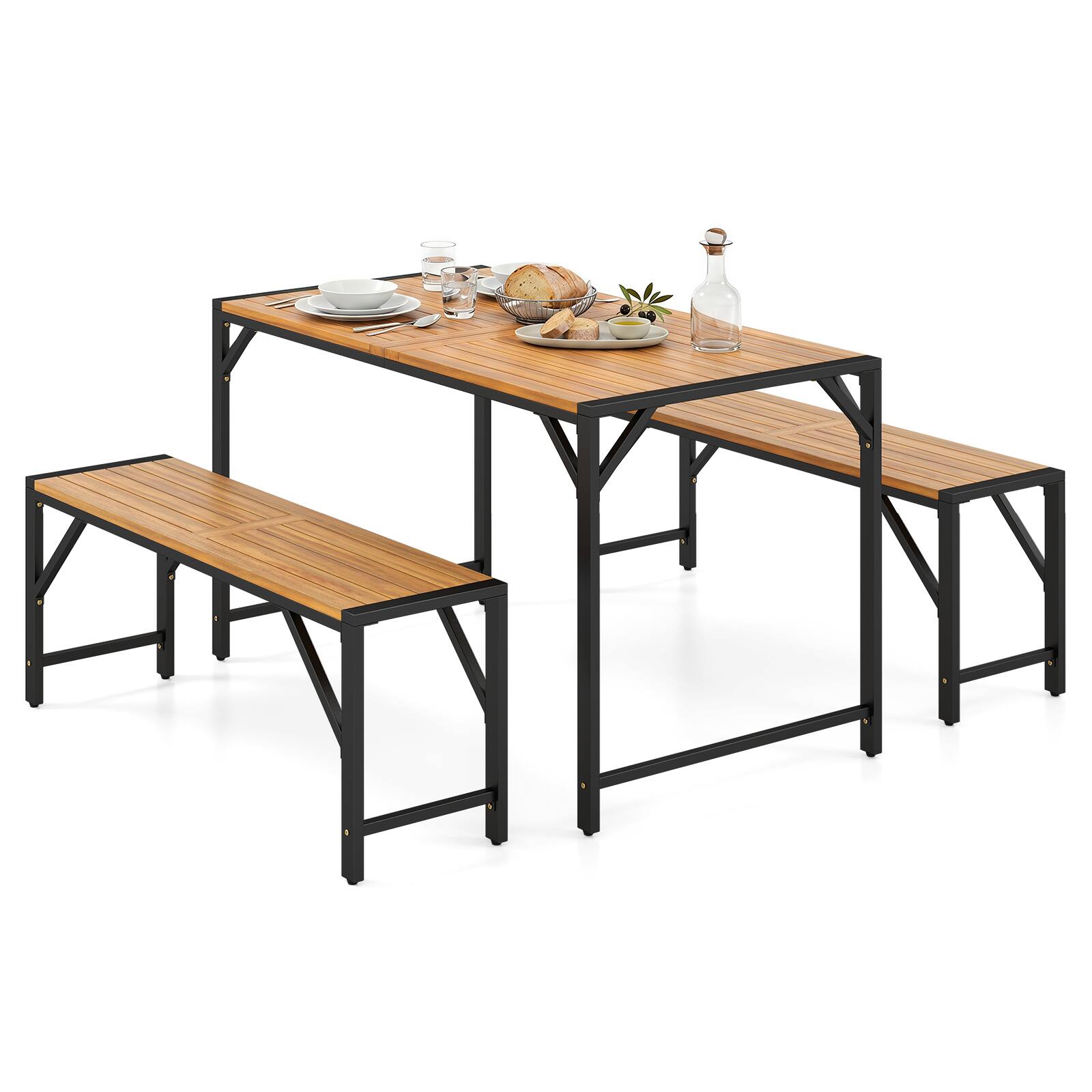 Alt View 1. Costway - Costway 3PCS Acacia Wood Patio Dining Set with Umbrella Hole, 2 Backless Benches - Natural & Black.