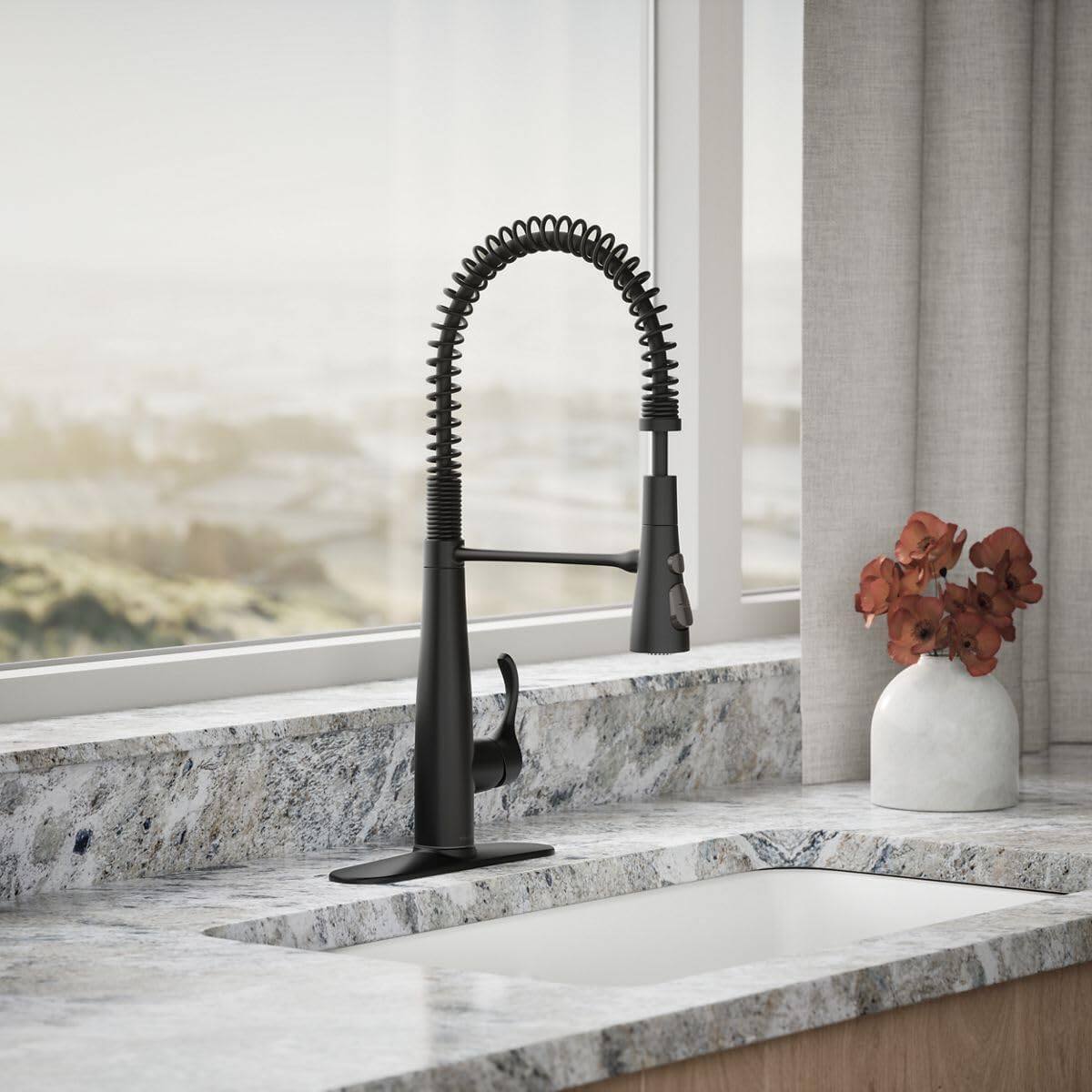 Angle. Kohler - Simplice Semi-Professional Pull-Down Kitchen Faucet, High-Arc Spout, 3-Function Sprayhead - Matte Black - Black.