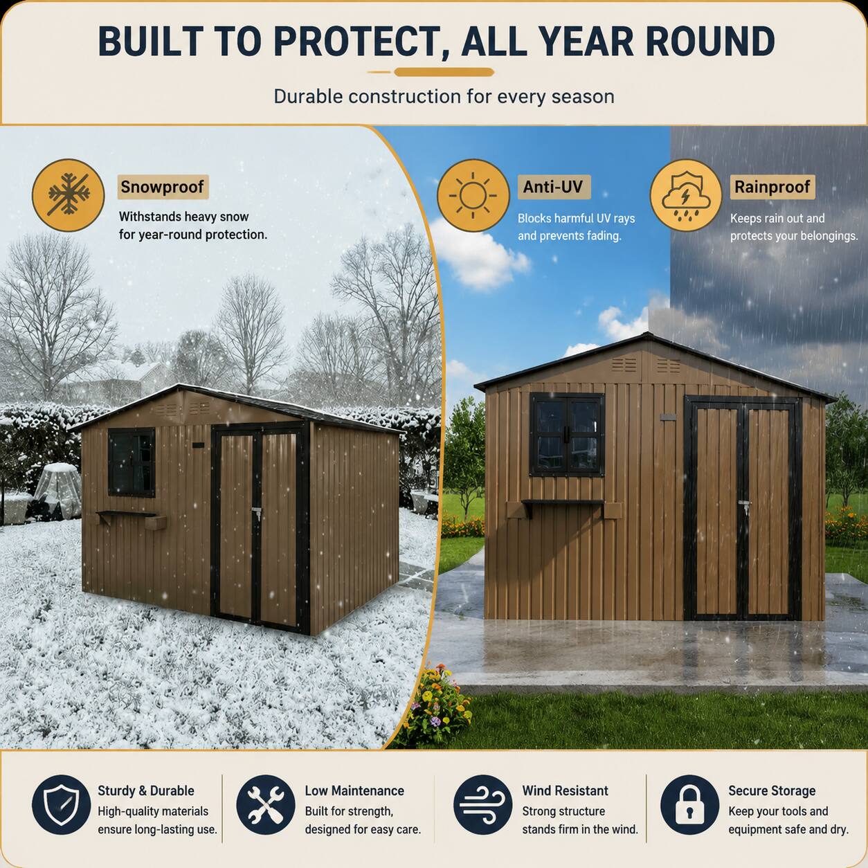BUILT TO PROTECT, ALL YEAR ROUND  
Durable construction for every season  

- Snowproof  
  Withstands heavy snow for year-round protection.  

- Anti-UV  
  Blocks harmful UV rays and prevents fading.  

- Rainproof  
  Keeps rain out and protects your belongings.  

- Sturdy & Durable  
  High-quality materials ensure long-lasting use.  

- Low Maintenance  
  Built for strength, designed for easy care.  

- Wind Resistant  
  Strong structure stands firm in the wind.  

- Secure Storage  
  Keep your tools and equipment safe and dry.