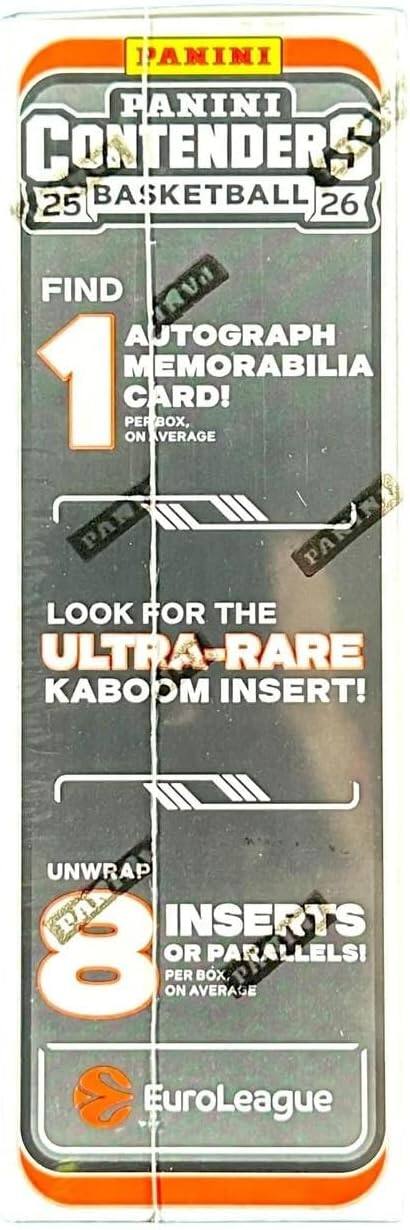 PANINI CONTENDERS 25 BASKETBALL 26  
FIND 1 AUTOGRAPH MEMORABILIA CARD! PER BOX, ON AVERAGE  
LOOK FOR THE ULTRA-RARE KABOOM INSERT!  
UNWRAP 8 INSERTS OR PARALLELS! PER BOX, ON AVERAGE  
EuroLeague