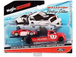 Maisto - 2018 Ford GT #1 Heritage Edition with Flatbed Truck Stripes "Elite Transport" Series 1/64 - Red With White