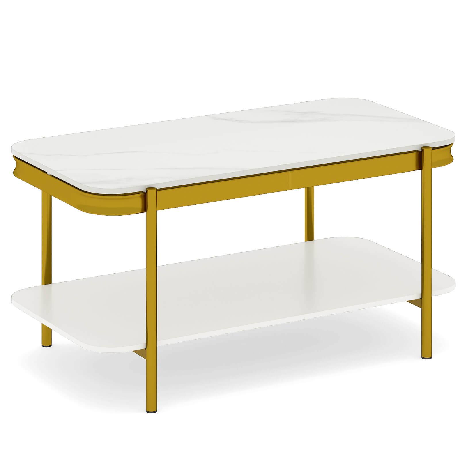 Alt View 9. Costway - Costway Rectangular Coffee Table, 2-Tier Center Table with Lower Shelf for Bedroom, Office - White + Gold.