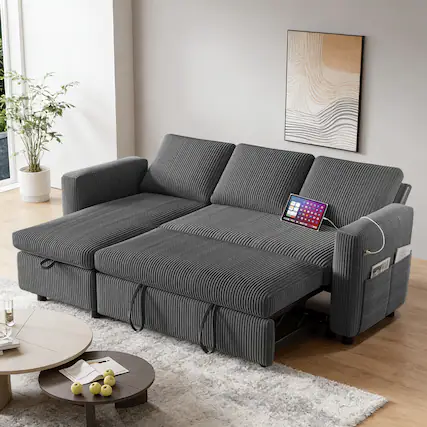 Front. Vipbear - 81" L Shaped Corduroy Sleeper Sofa Bed with Pull Out Bed Reclining Backrest,Storage Chaise,USB Ports,Tool-Free Assembly - Dray.