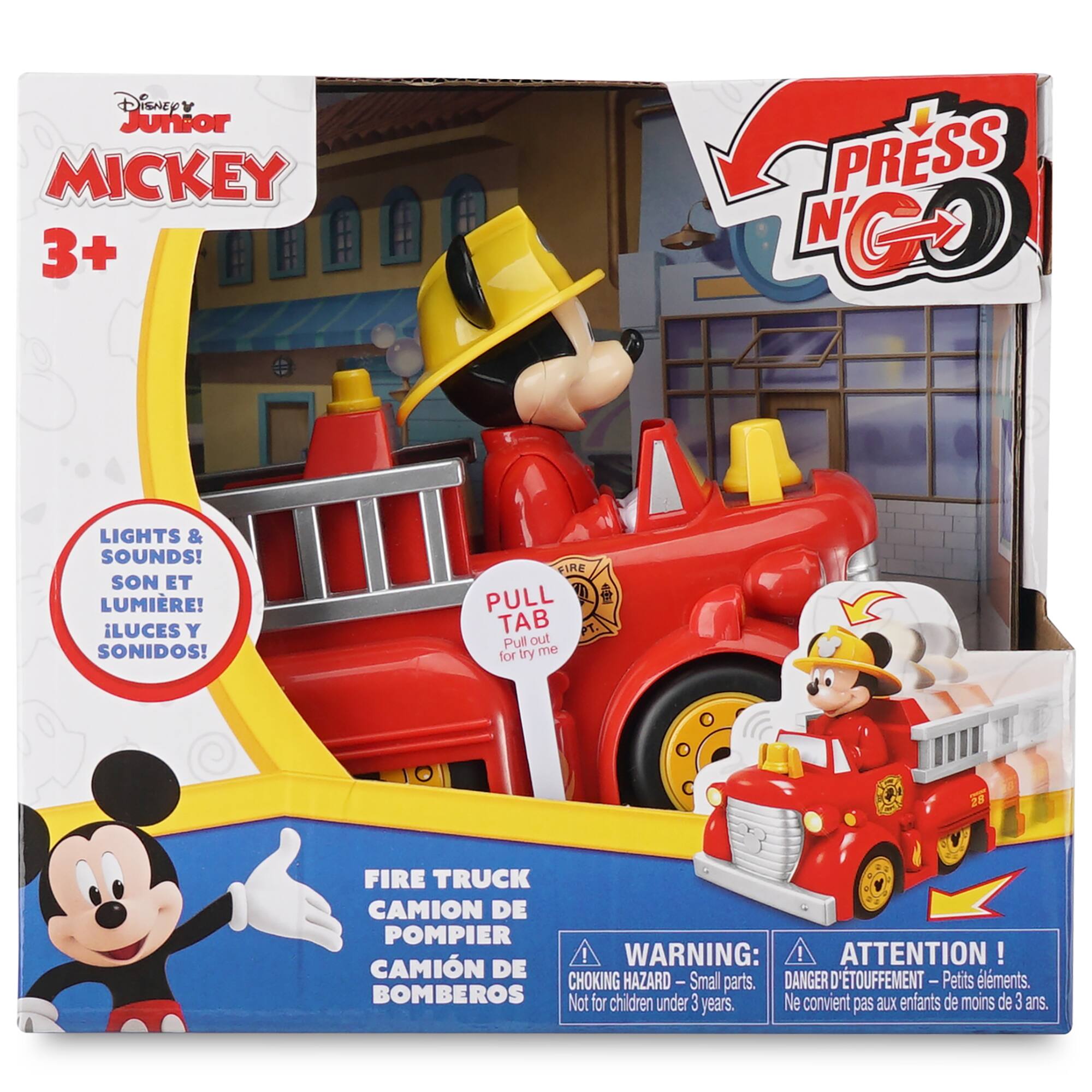 Disney Junior MICKEY 3+  
PRESS N'GO  
LIGHTS & SOUNDS! SON ET LUMIÈRE! ILUCES Y SONIDOS!  
FIRE TRUCK CAMION DE POMPIER CAMIÓN DE BOMBEROS  
PULL TAB Pull out for try me  
WARNING: CHOKING HAZARD - Small parts. Not for children under 3 years.  
ATTENTION! DANGER D'ÉTOUFFEMENT - Petits éléments. Ne convient pas aux enfants de moins de 3 ans.