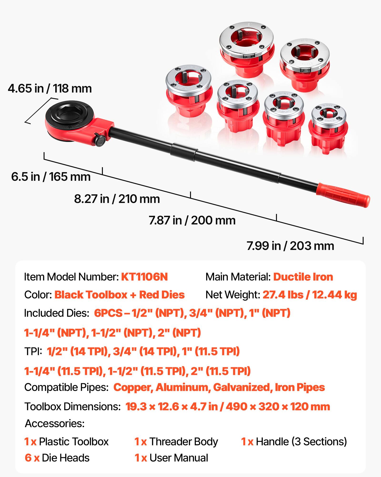 VEVOR Ratchet Pipe Threader Kit with 6 Dies, 1/2