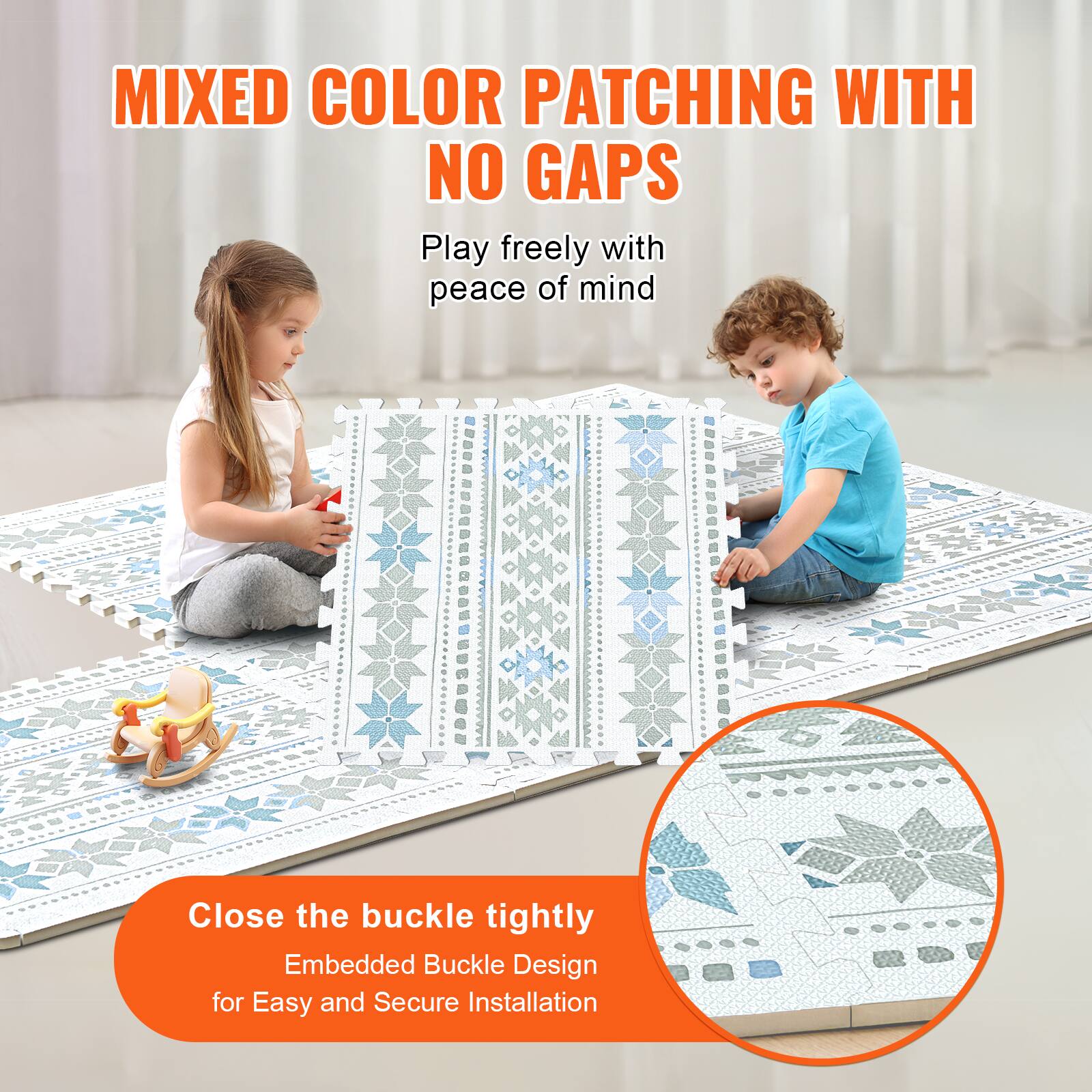 MIXED COLOR PATCHING WITH NO GAPS
Play freely with peace of mind
Close the buckle tightly
Embedded Buckle Design for Easy and Secure Installation
