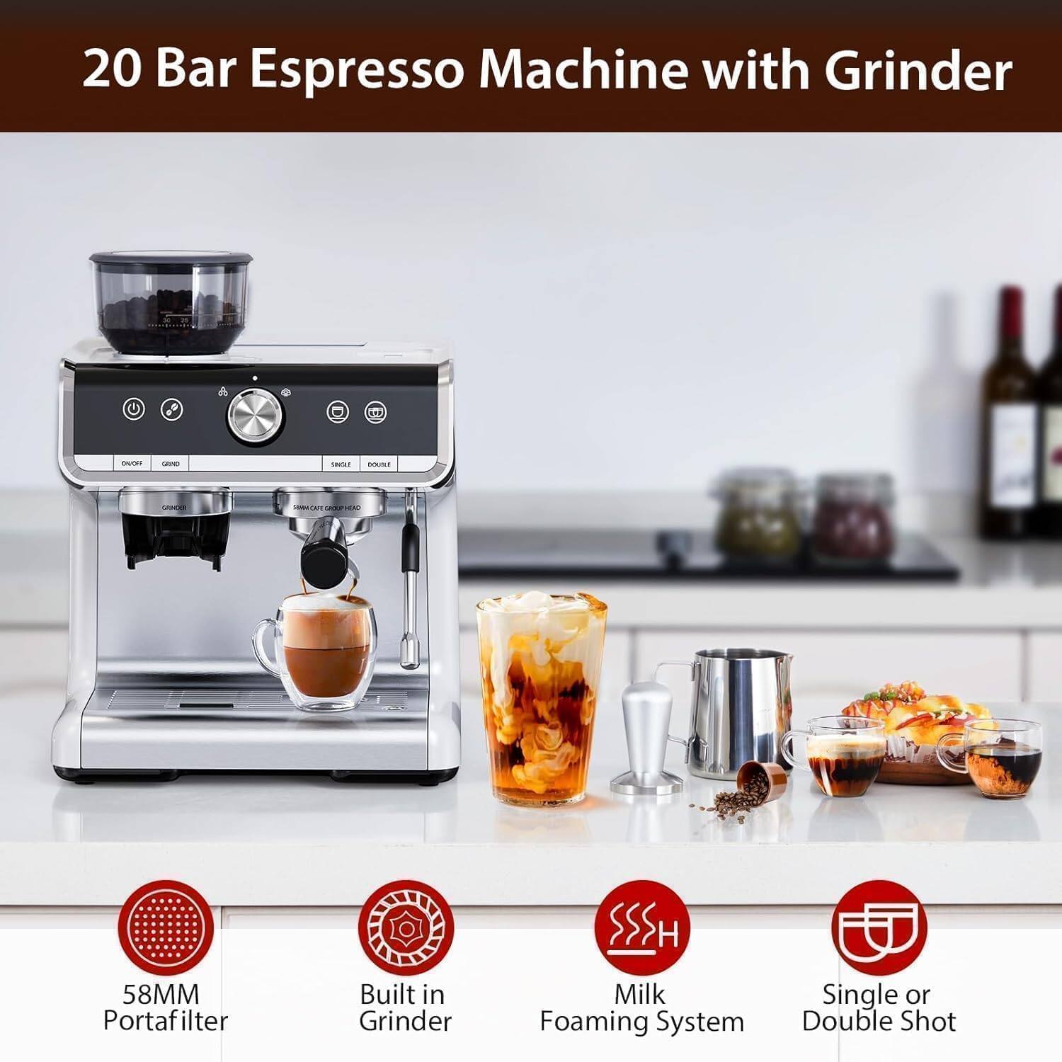 20 Bar Espresso Machine with Grinder

- 58MM Portafilter
- Built in Grinder
- Milk Foaming System
- Single or Double Shot