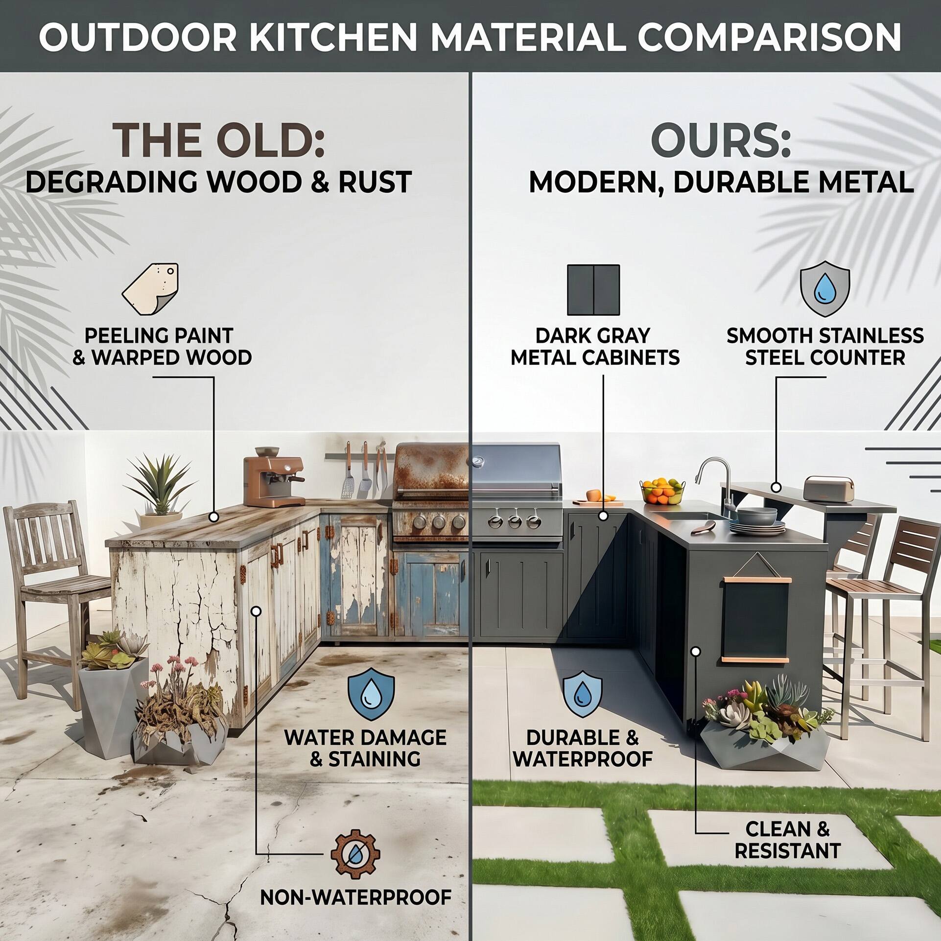 OUTDOOR KITCHEN MATERIAL COMPARISON

THE OLD:
DEGRADING WOOD & RUST
PEELING PAINT & WARPED WOOD
WATER DAMAGE & STAINING
NON-WATERPROOF

OURS:
MODERN, DURABLE METAL
DARK GRAY METAL CABINETS
SMOOTH STAINLESS STEEL COUNTER
DURABLE & WATERPROOF
CLEAN & RESISTANT