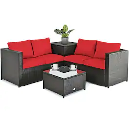 Pefilos - 4 Pieces Outdoor PE Wicker Furniture Set, PE Rattan Furniture Set with Practical Storage Table, Water - Red