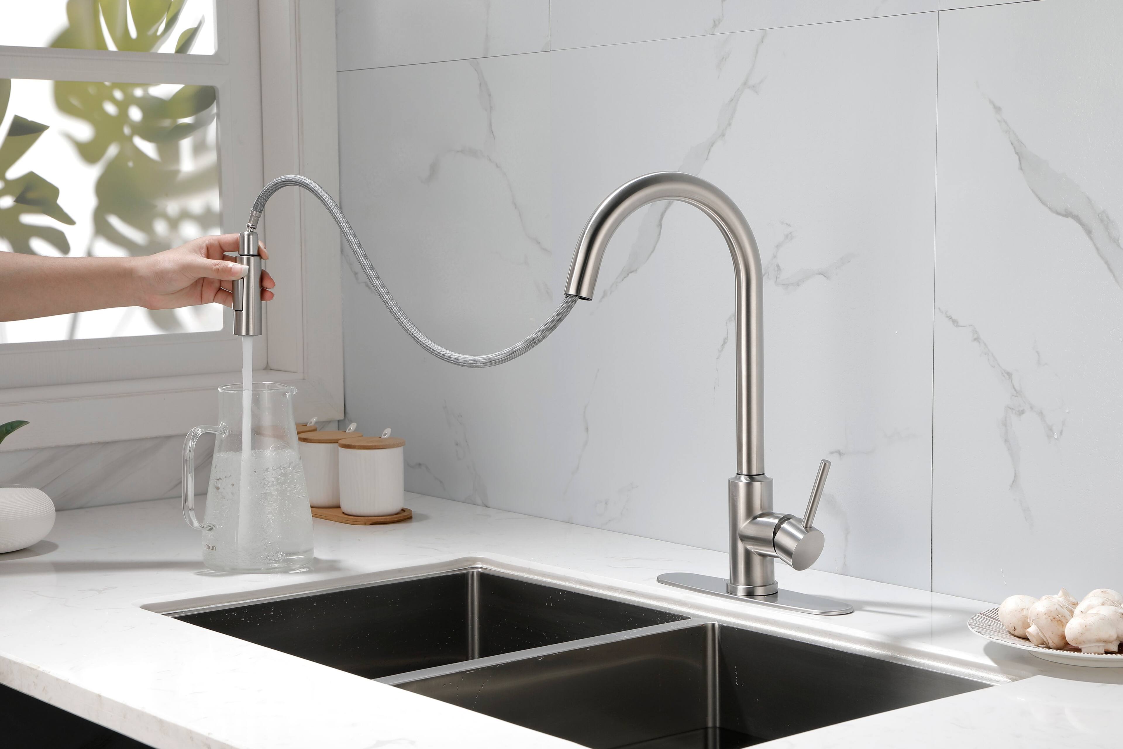 Left. Siljoy - Kitchen Faucet with Pull Down Sprayer - Brushed Nickel.