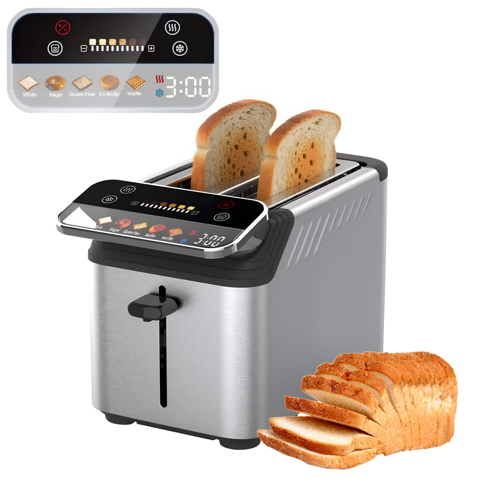 WHALL - 2 Slice Toaster, Touchscreen Toaster, Stainless Steel Toaster, Smart Bread Toaster, Bagel Toaster - Silver