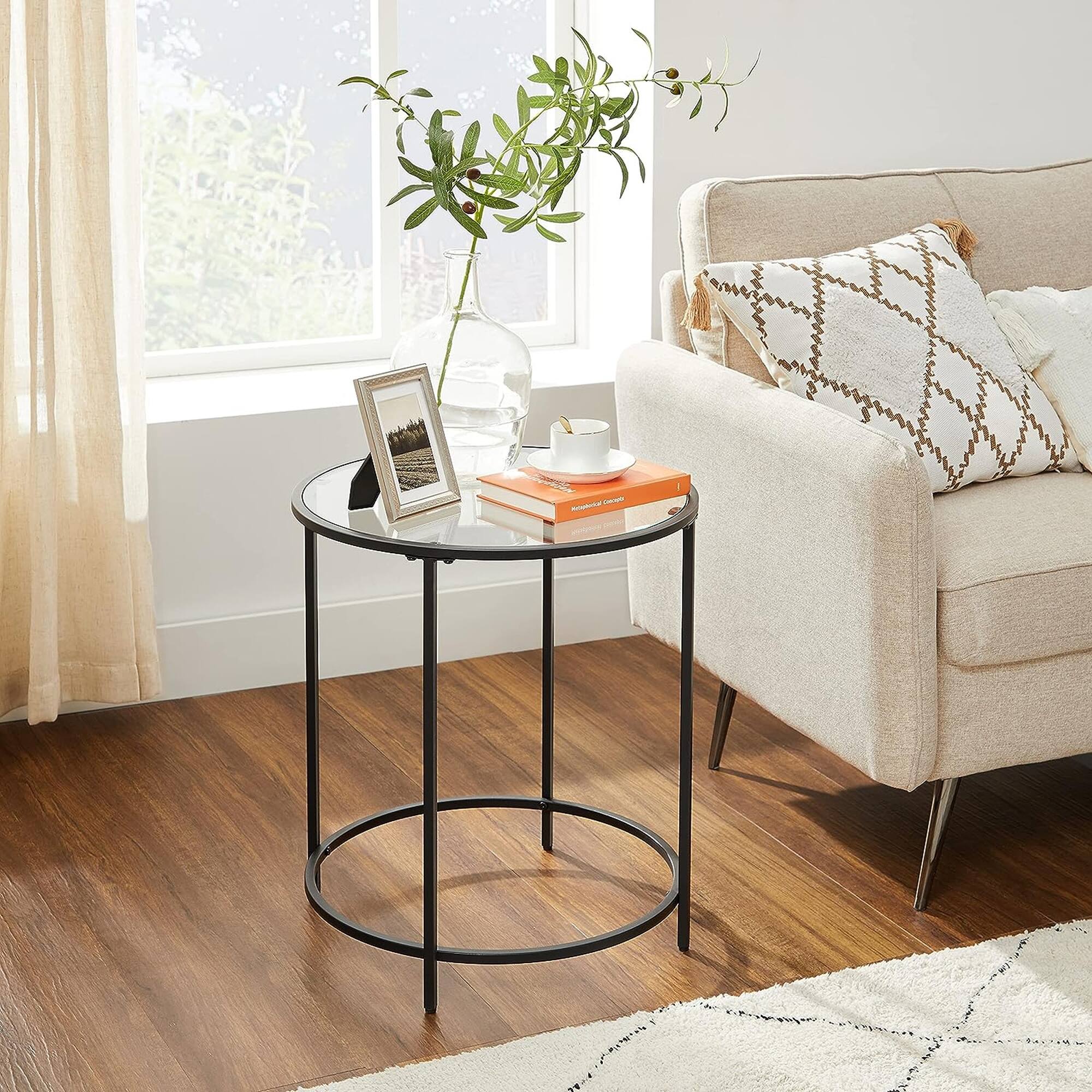 Alt View 4. Songmics Home - Round Side Tables, Set of 2, Glass End Tables with Metal Frame, Black Coffee Tables with Modern Style, for Living Room - Black.