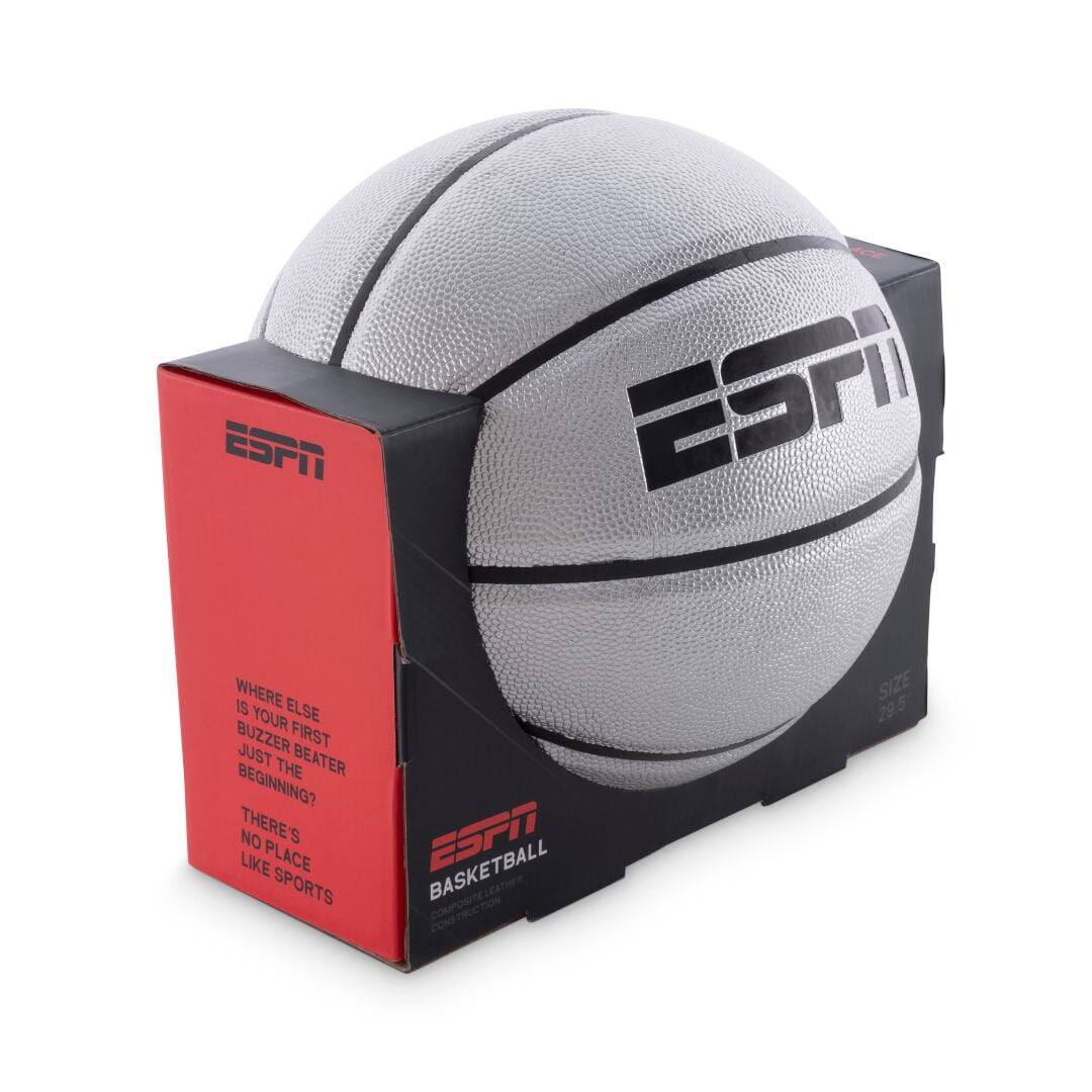 ESPN  
WHERE IS YOUR ELSE BUZZER FIRST JUST BEATER THE BEGINNING?  
THERE'S NO PLACE LIKE SPORTS  
ESPN BASKETBALL  
COMPOSITE LEATHER  
CONSTRUCTION  
SIZE 29.5
