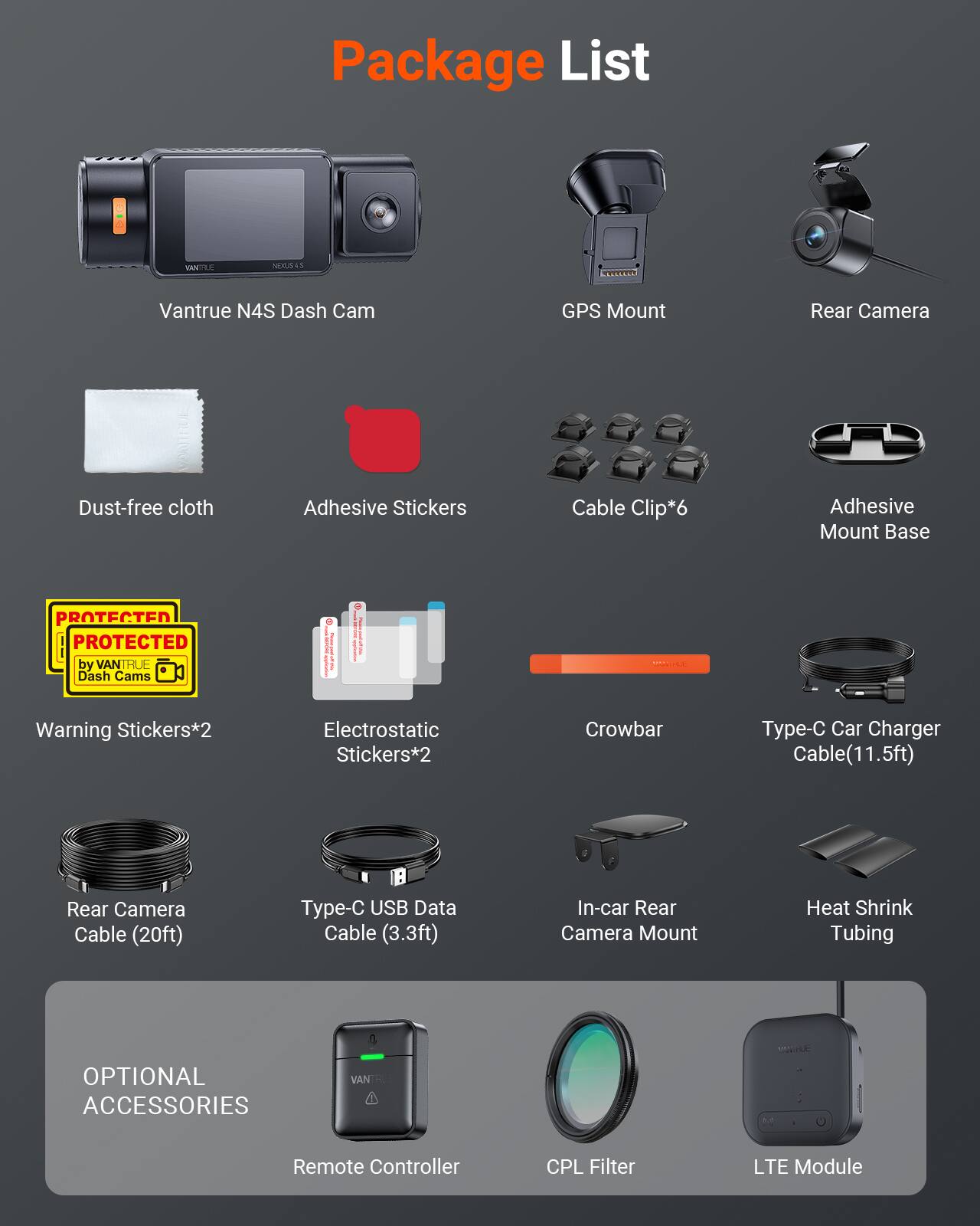 Package List

- Vantrue N4S Dash Cam
- GPS Mount
- Rear Camera
- Dust-free cloth
- Adhesive Stickers
- Cable Clip*6
- Adhesive Mount Base
- Warning Stickers*2
- Electrostatic Stickers*2
- Crowbar
- Type-C Car Charger Cable (11.5ft)
- Rear Camera Cable (20ft)
- Type-C USB Data Cable (3.3ft)
- In-car Rear Camera Mount
- Heat Shrink Tubing

OPTIONAL ACCESSORIES

- Remote Controller
- CPL Filter
- LTE Module