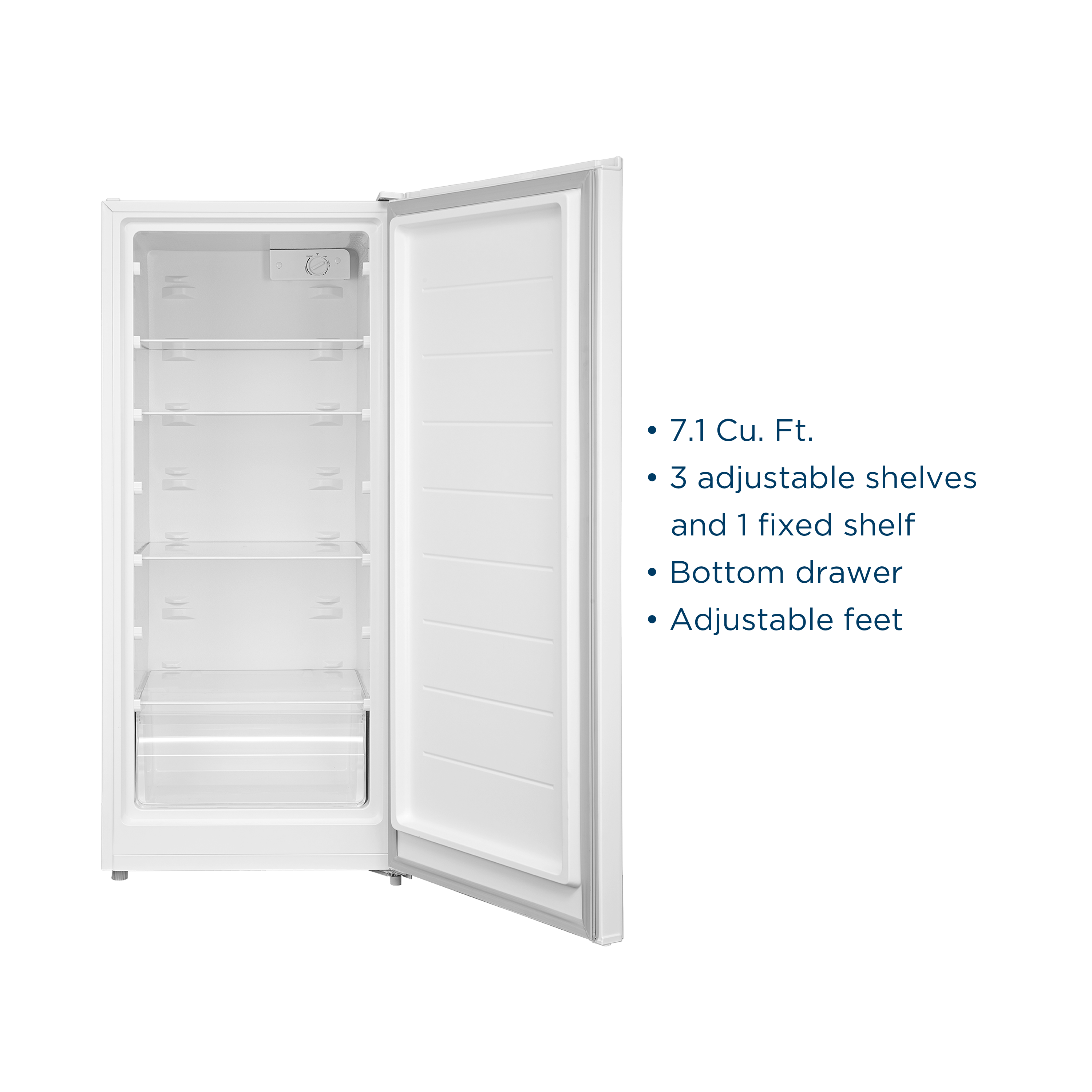 - 7.1 Cu. Ft.
- 3 adjustable shelves and 1 fixed shelf
- Bottom drawer
- Adjustable feet