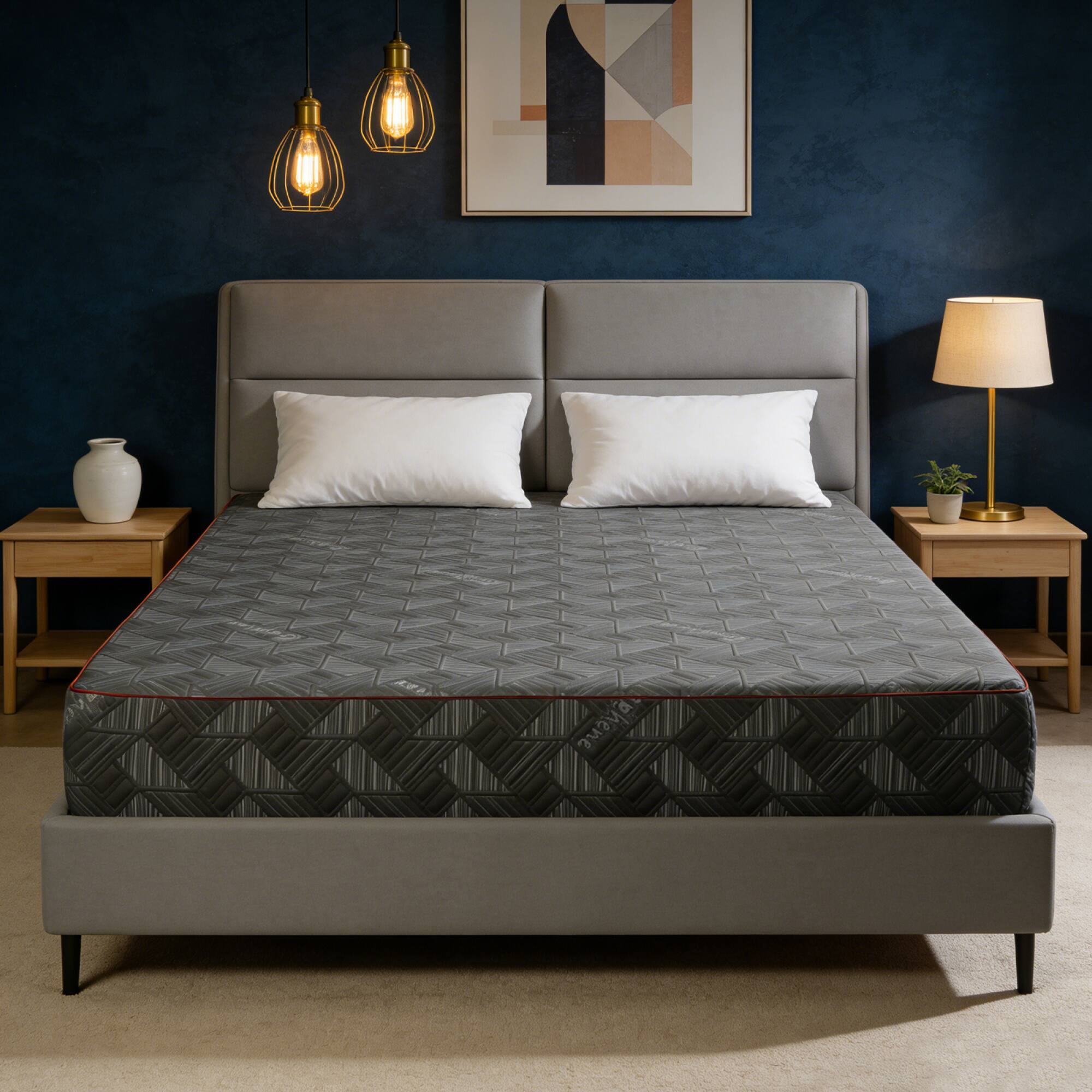 Angle. GOODSILO - 10 Inch Queen Size Mattress with Breathable Cooling Foam and 7-Zone Ergonomic Support for Bedroom Sleep Comfort - Black and Silver.