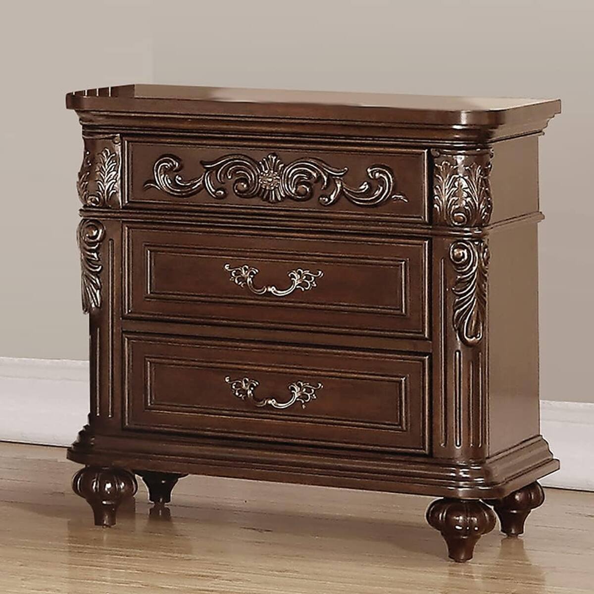 Back. Loheer - Loheer Traditional Walnut Nightstand, Two Drawer Bedside Table, Antique Finish - Walnut Brown.