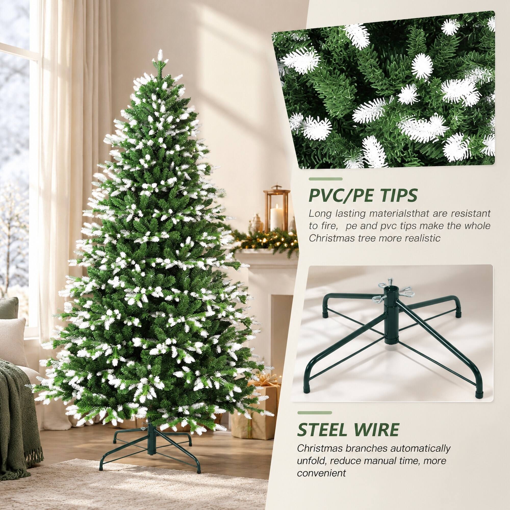 PVC/PE TIPS  
Long lasting materials that are resistant to fire, pe and pvc tips make the whole Christmas tree more realistic

STEEL WIRE  
Christmas branches automatically unfold, reduce manual time, more convenient