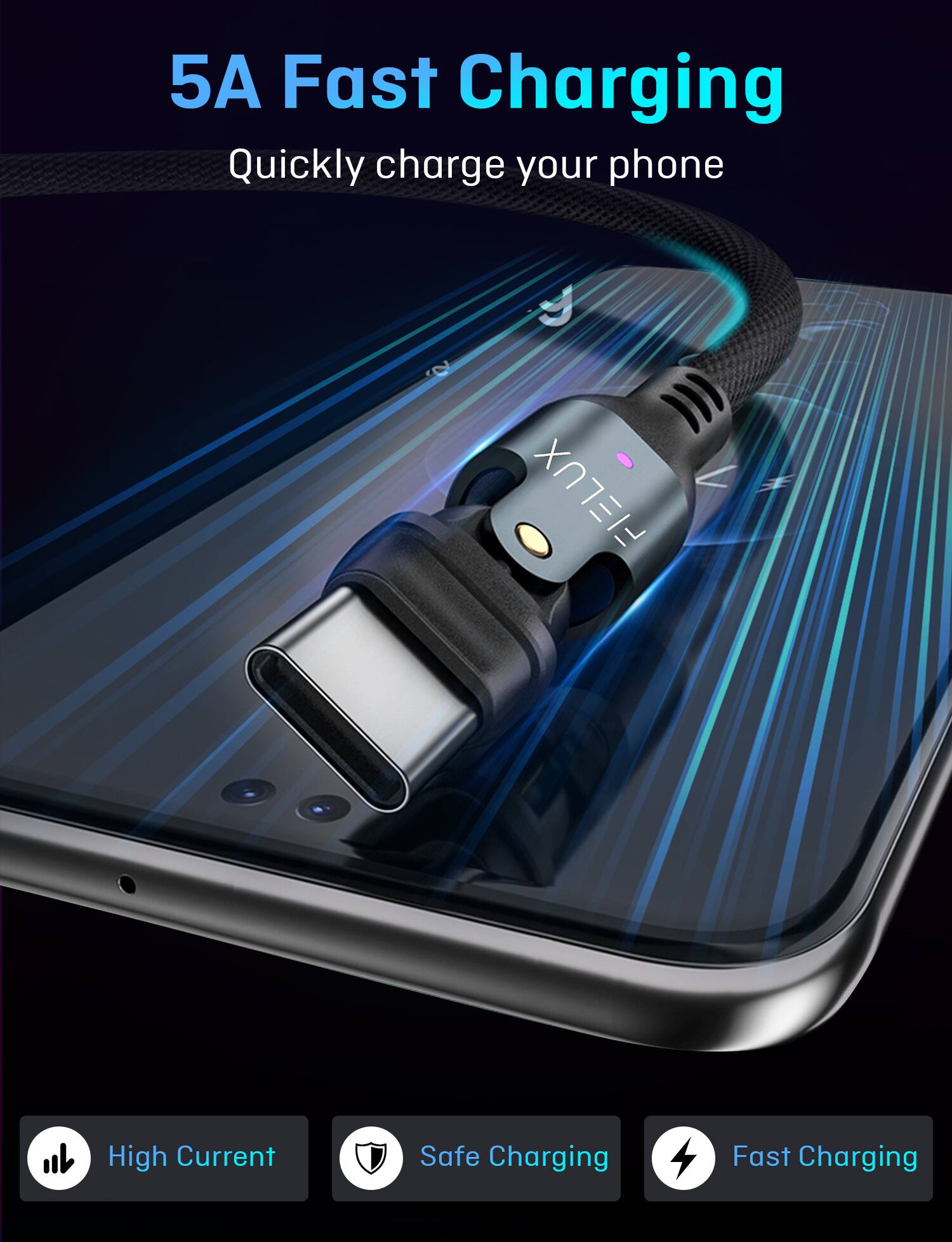 5A Fast Charging
Quickly charge your phone

- High Current
- Safe Charging
- Fast Charging
