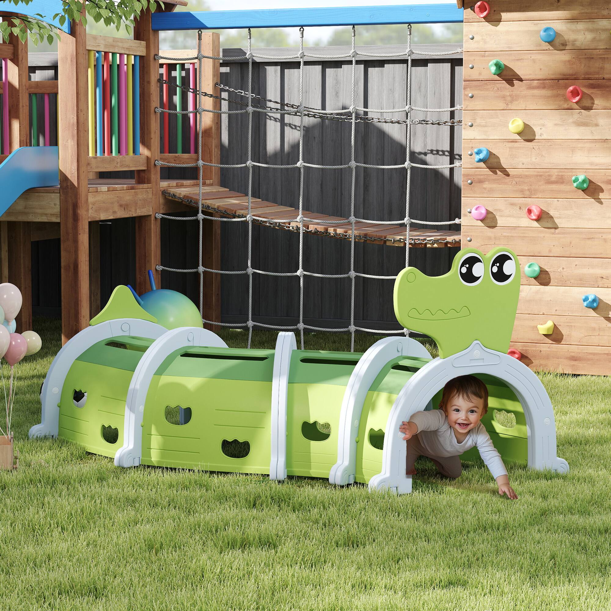 Angle. Qaba - Crocodile Tunnel, Toddler Tunnel for Crawl and Climb, Kids' Play Structure Indoor Outdoor, 4 Sections.