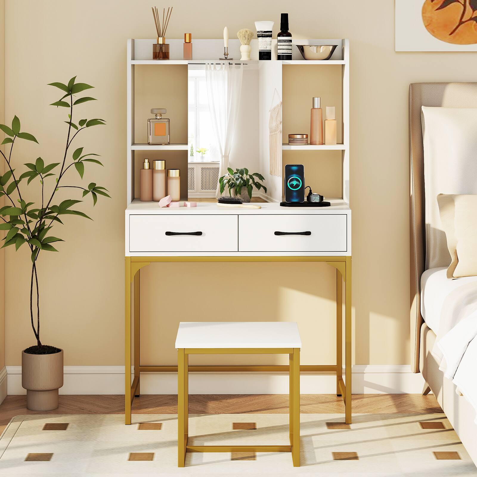 Alt View 3. Gymax - Gymax Vanity Desk w/Power OutletsMirror Cabinet Shelves Storage Drawers for Bedroom - White.