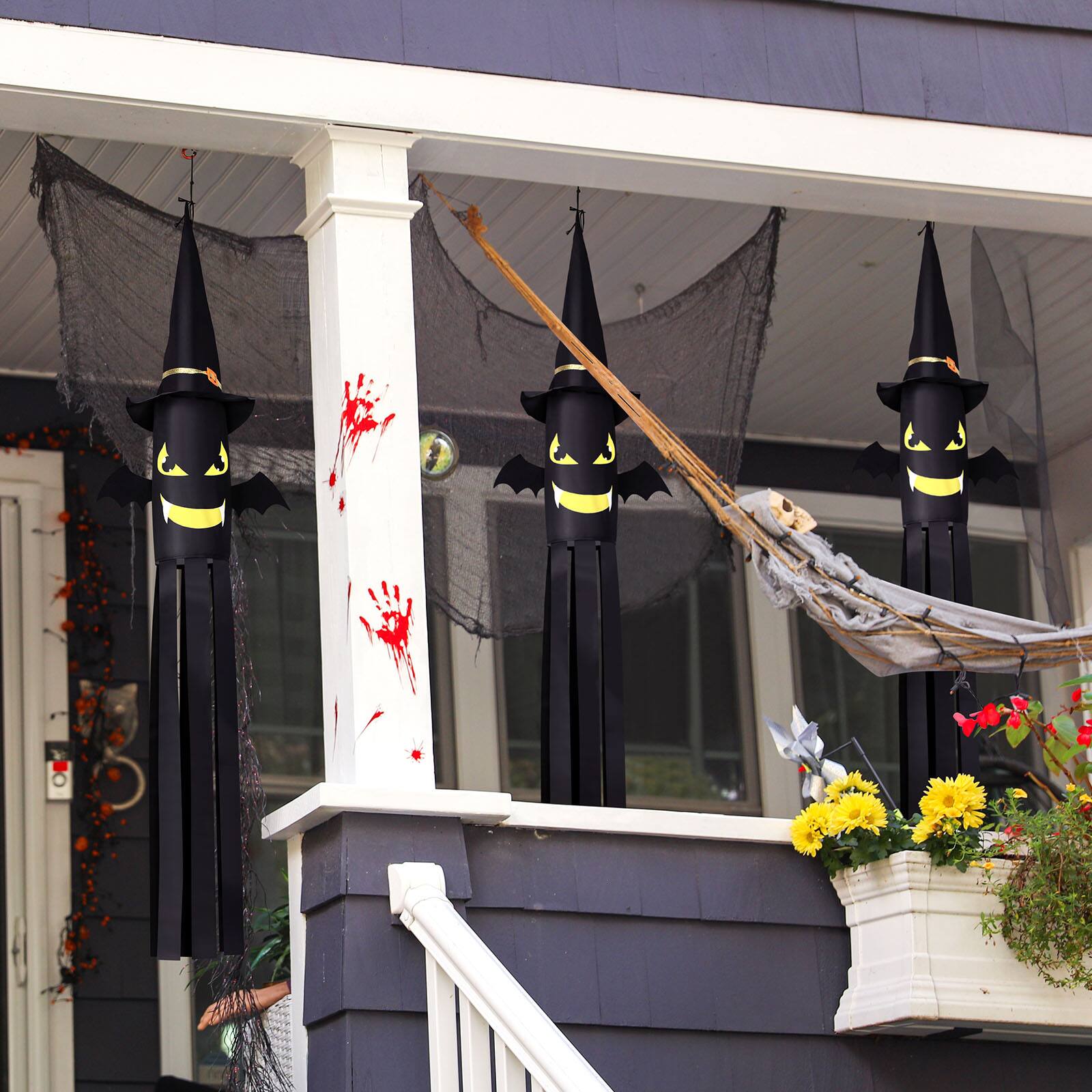 Alt View 1. Oumilen - 2-Pack 53 Inch Lighted Halloween Witch Windsock, Warm White LED Bat Face Hanging Flag for Porch Yard Outdoor Decor - Black.