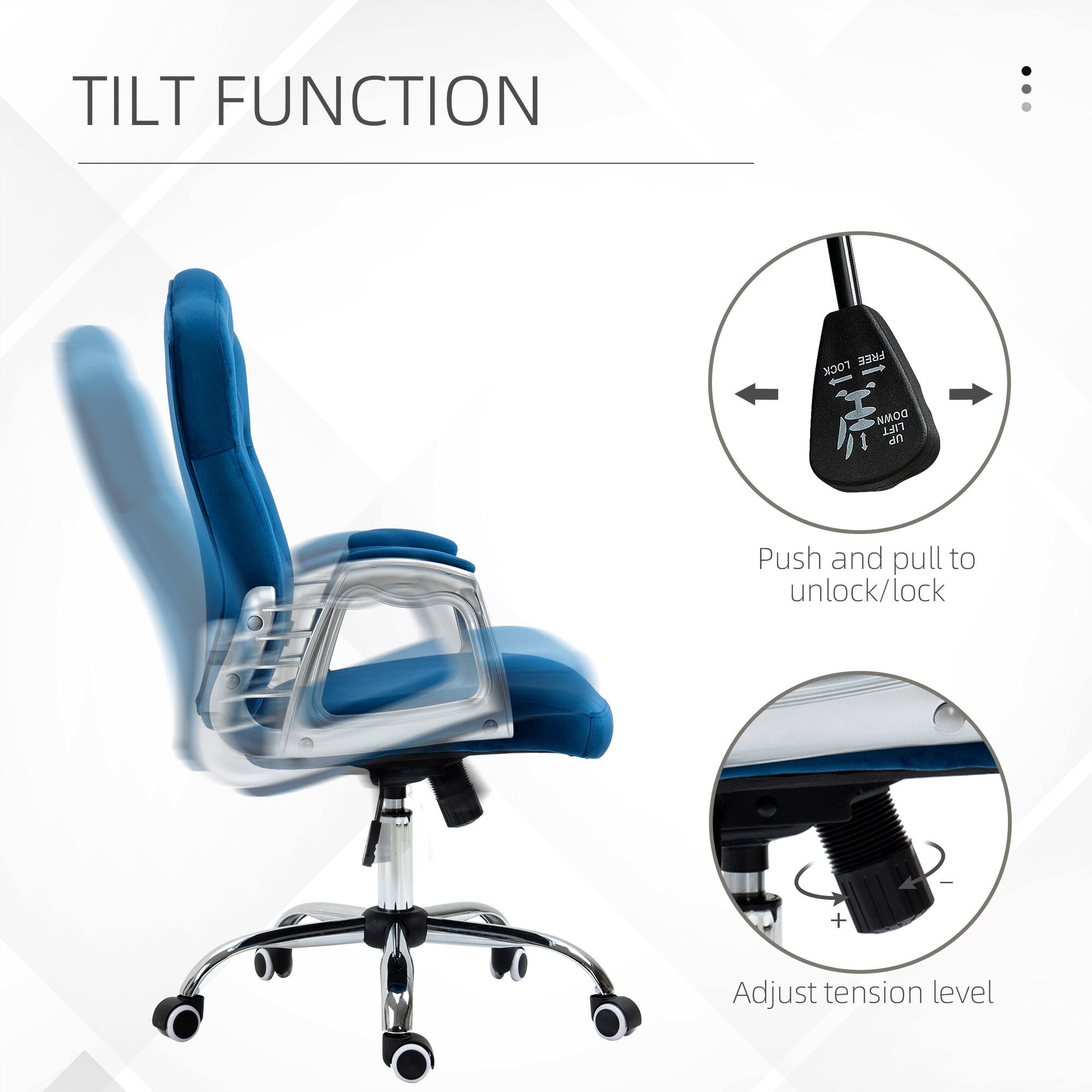 TILT FUNCTION: Push and pull to unlock/lock, Adjust tension level