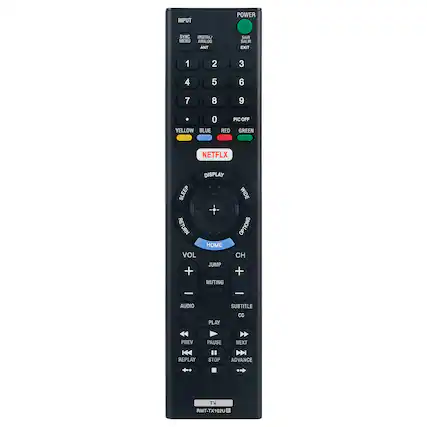 INPUT POWER SYNC DIGITAL/ MENU ANALOG ANT SAIR SALIR EXIT 1 2 3 4 5 6 7 8 9 0 YELLOW BLUE PIC OFF RED GREEN NETFLX DISPLAY SLEEP RETURN HOME VOL JUMP + MUTING WIDE OPTIONS CH + - I AUDIO PLAY SUBTITLE CC PREV PAUSE NEXT REPLAY STOP ADVANCE TV RMT-TX102U