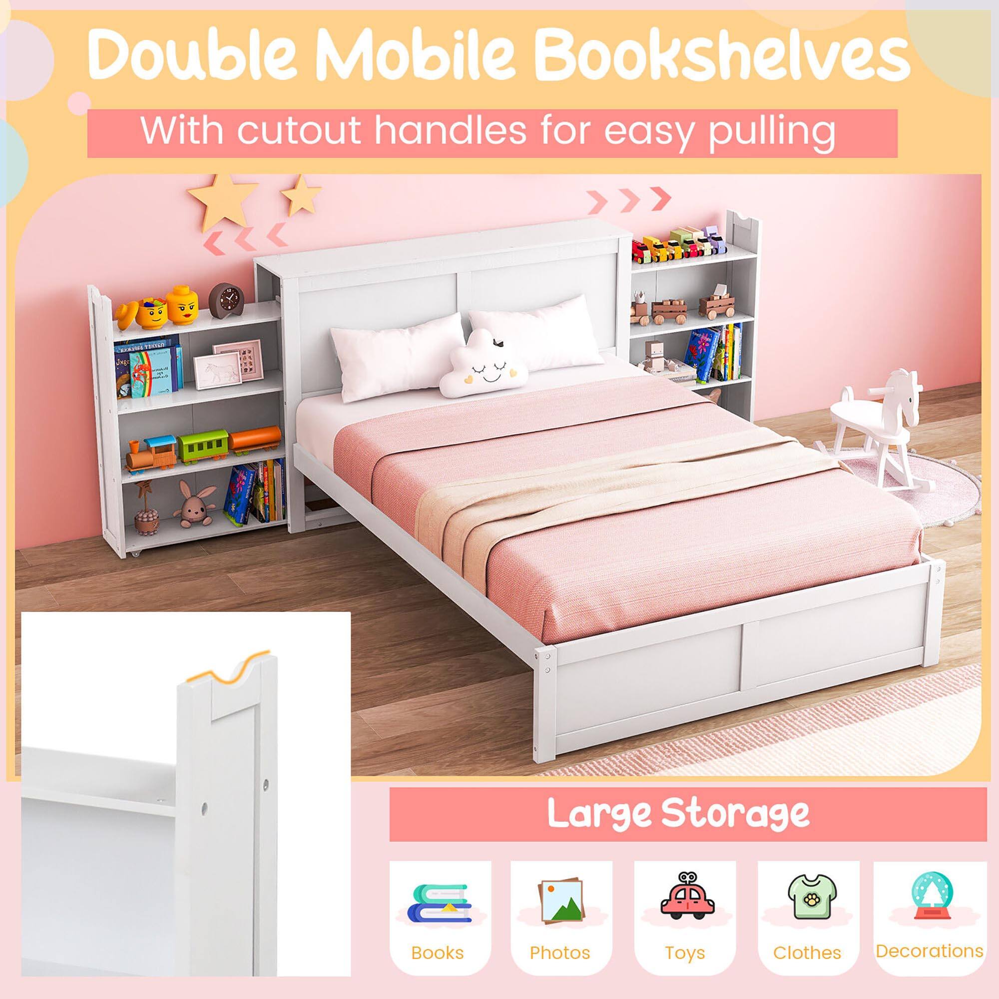 Double Mobile Bookshelves  
With cutout handles for easy pulling  

Large Storage  
Books  
Photos  
Toys  
Clothes  
Decorations